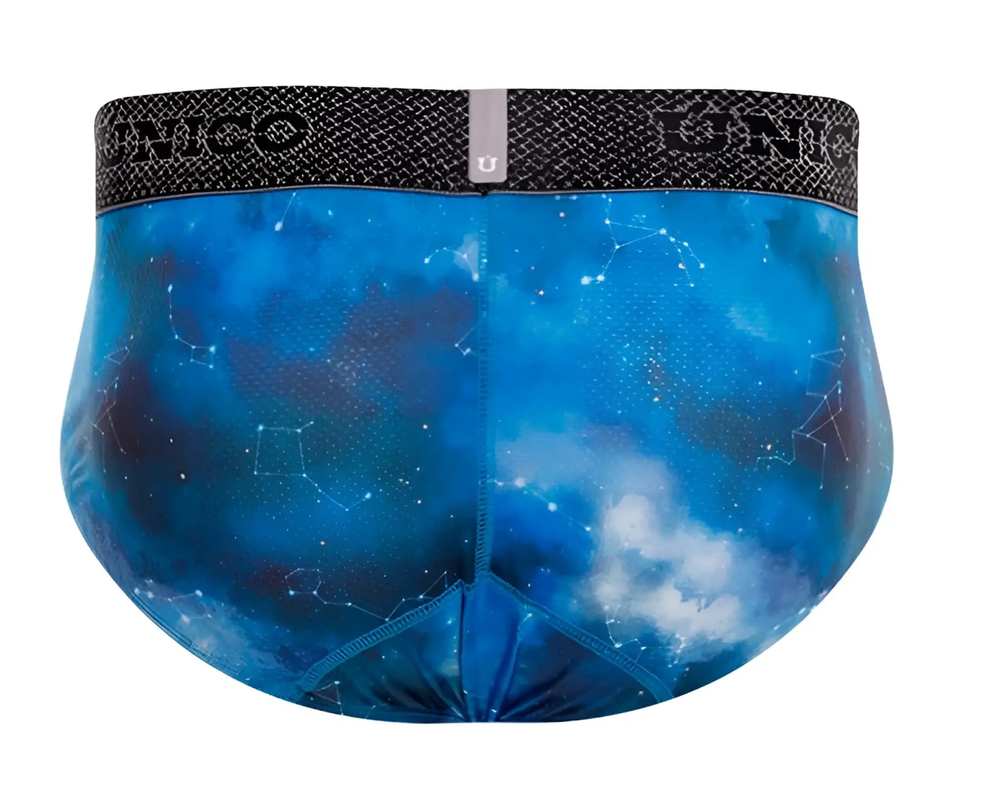 Blue cosmic-themed infinito briefs by unico featuring star constellations and a black elastic branded waistband