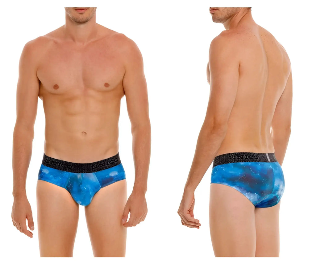 Blue galaxy-patterned men’s briefs with black elastic waistband featuring unico brand name color 46-blue