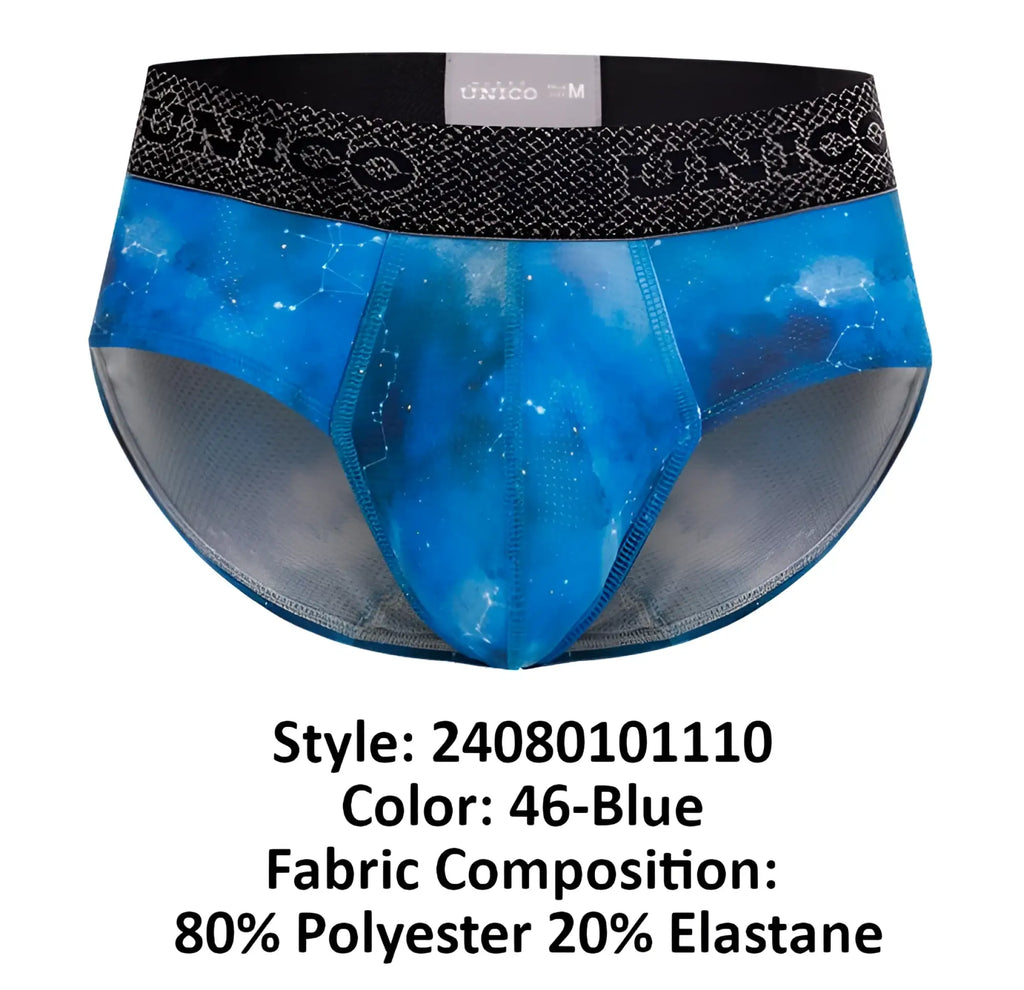 Blue galaxy-themed men’s briefs with a black waistband featuring the unico brand logo from unico 24080101110 infinito briefs