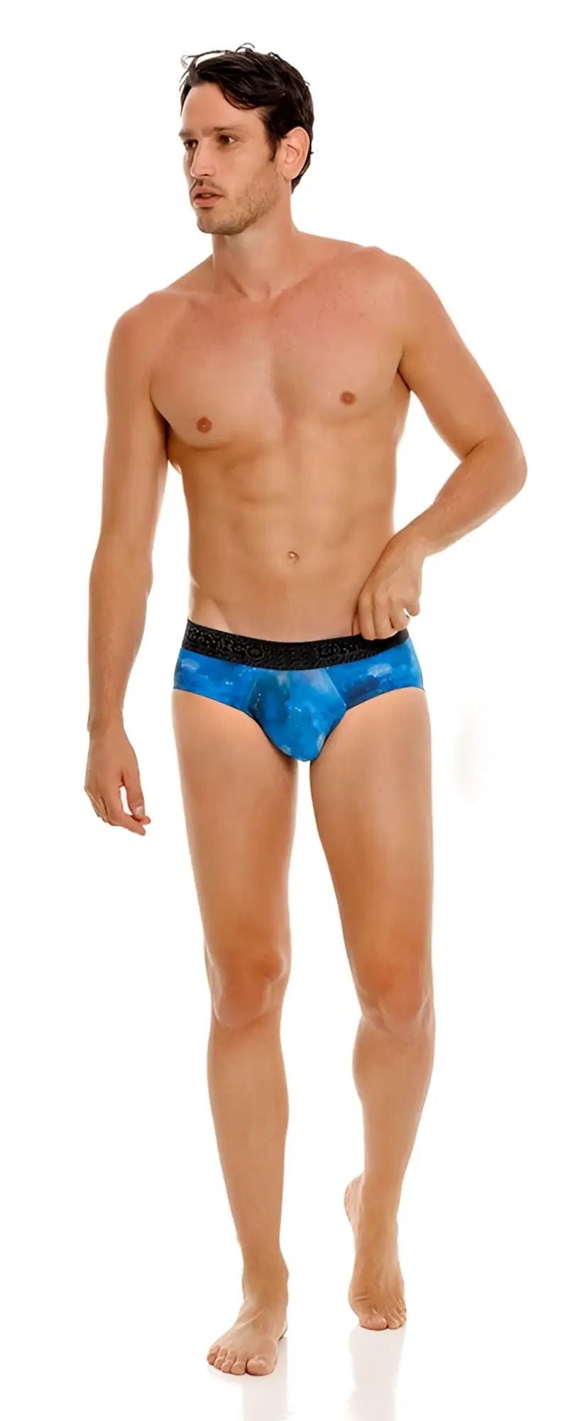 Unico infinito briefs in blue feature a blue patterned design with a black elastic waistband for men