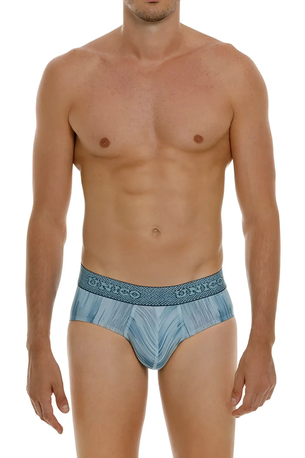 Blue patterned men’s briefs with a textured waistband featuring the dinco brand name unico 24080101112 hilada briefs