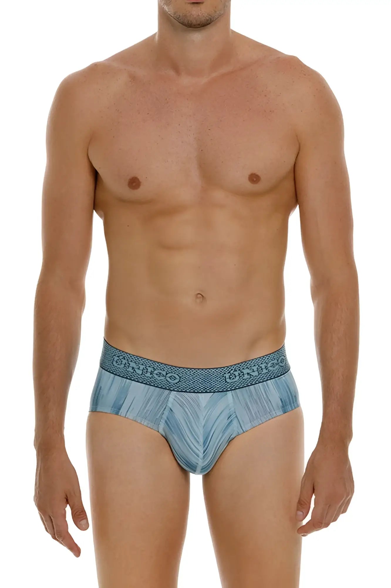 Blue patterned men’s briefs with a textured waistband featuring the dinco brand name unico 24080101112 hilada briefs