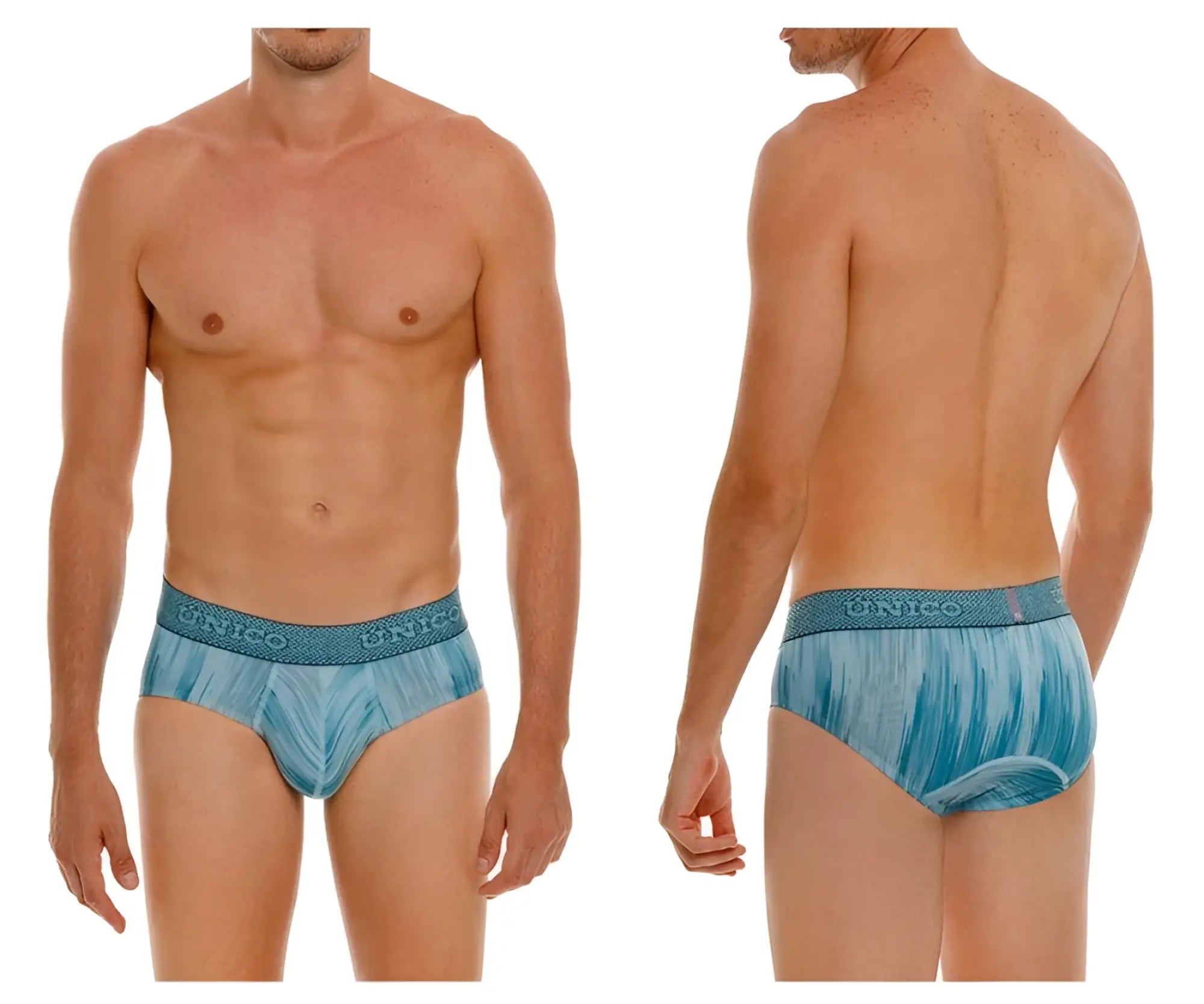 Blue patterned unico hilada briefs with textured waistband featuring brand name in blue color