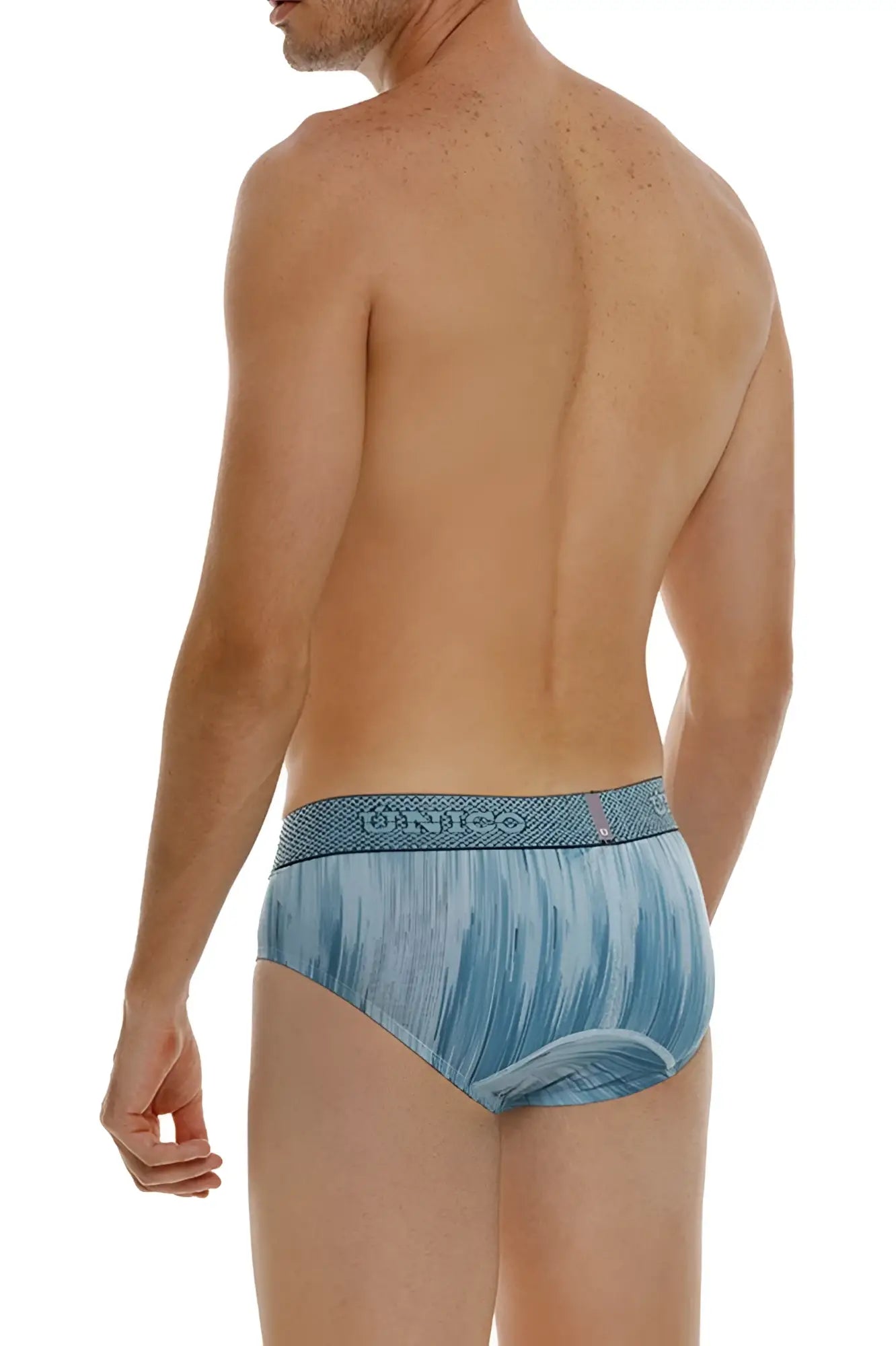 Blue patterned unico 24080101112 hilada briefs with textured waistband featuring dunno brand name in color 43-blue
