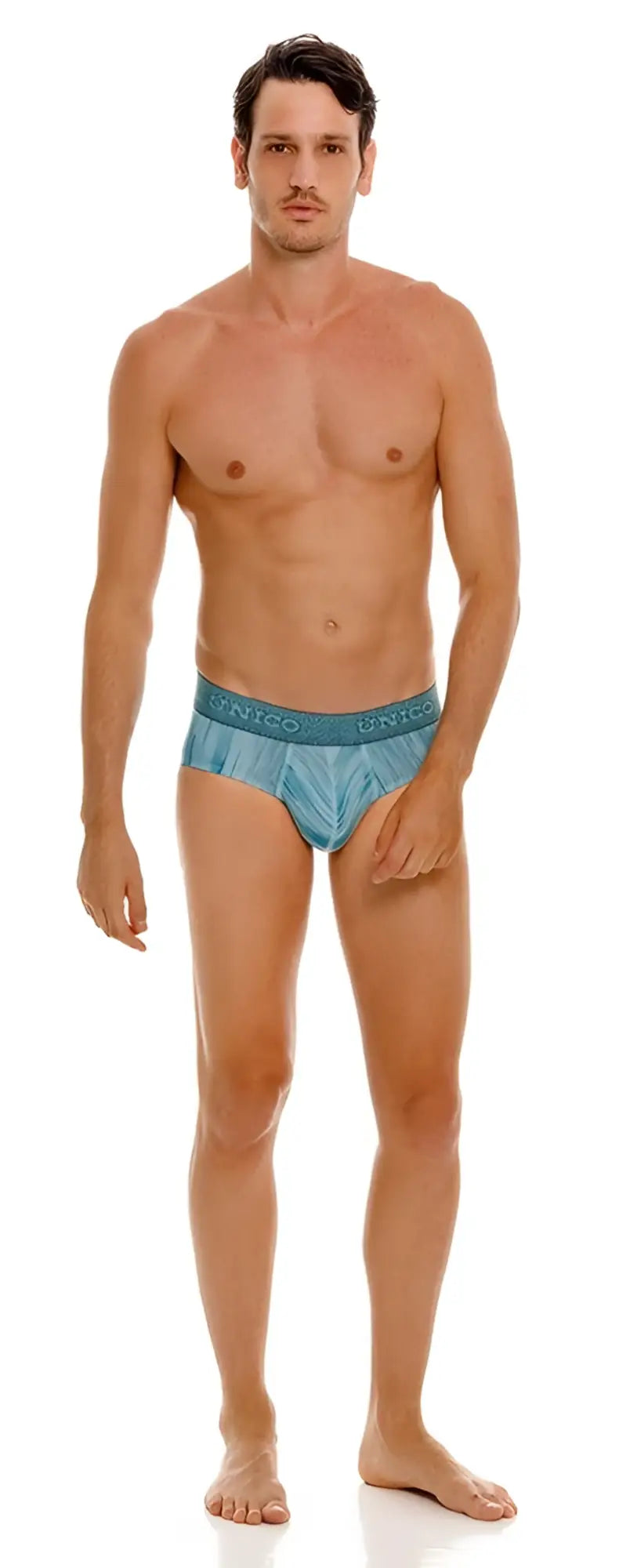Teal patterned Unico 24080101112 Hilada briefs with branded waistband in blue designed for comfortable wear