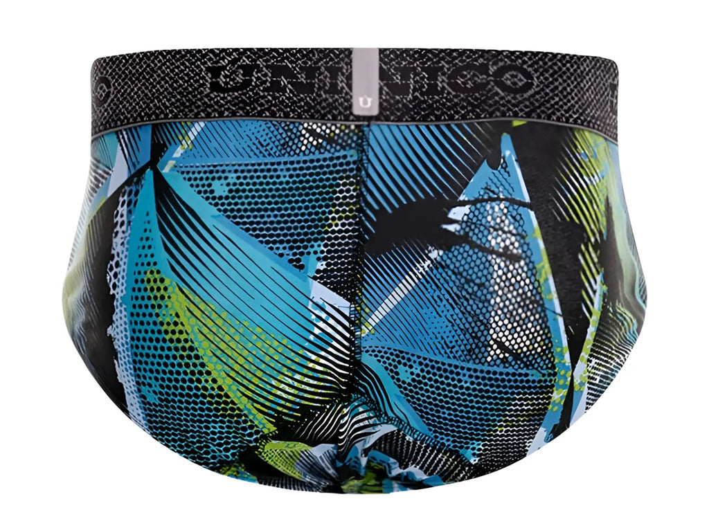 Unico trino briefs in blue and green abstract print with black elastic waistband featuring unico logo