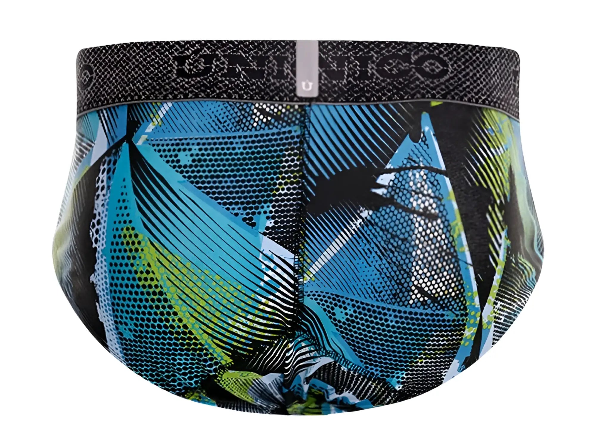 Unico trino briefs in blue and green abstract print with black elastic waistband featuring unico logo