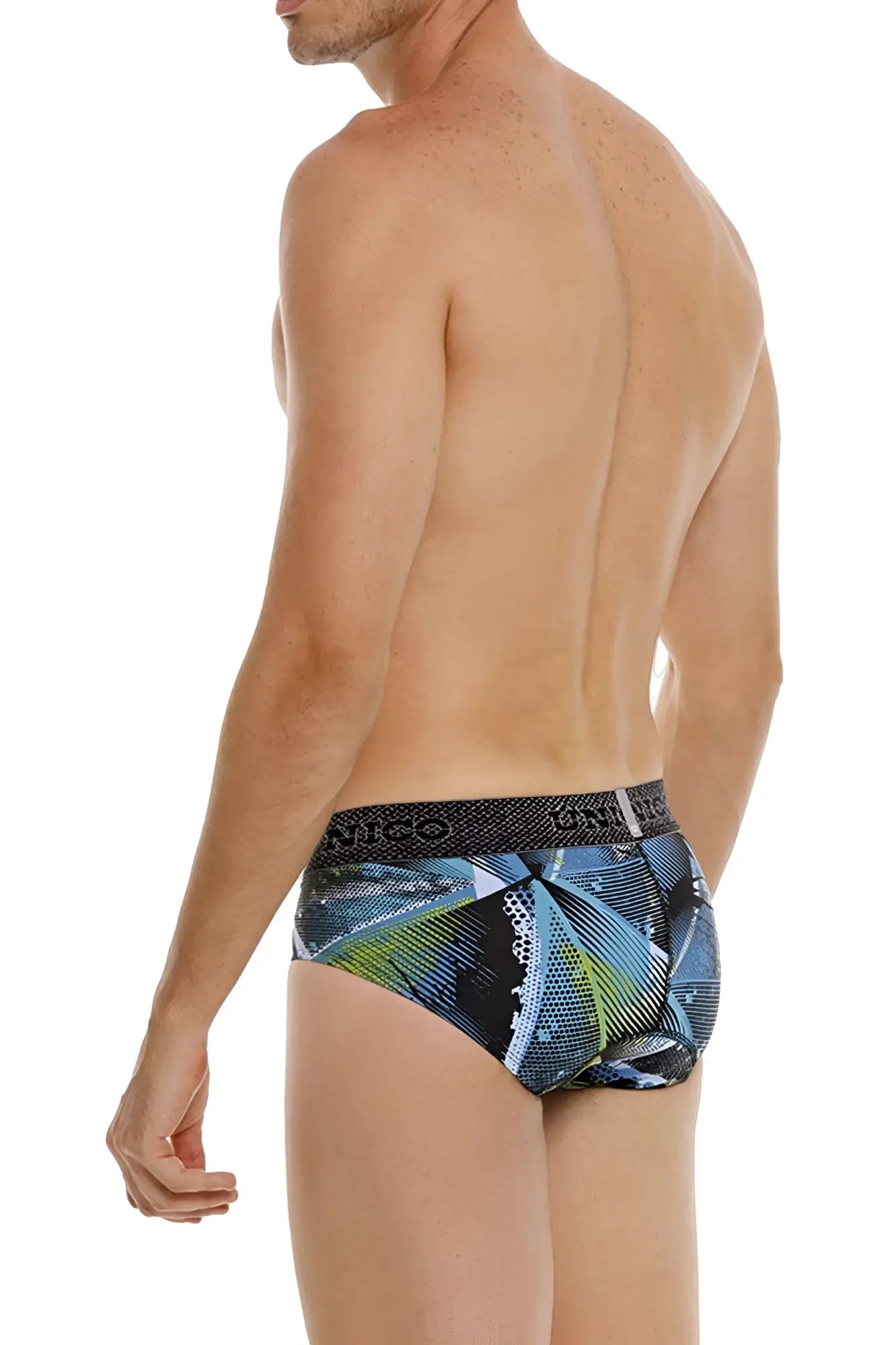 Unico 24080101117 Trino briefs in blue and green geometric print with black waistband featuring brand name