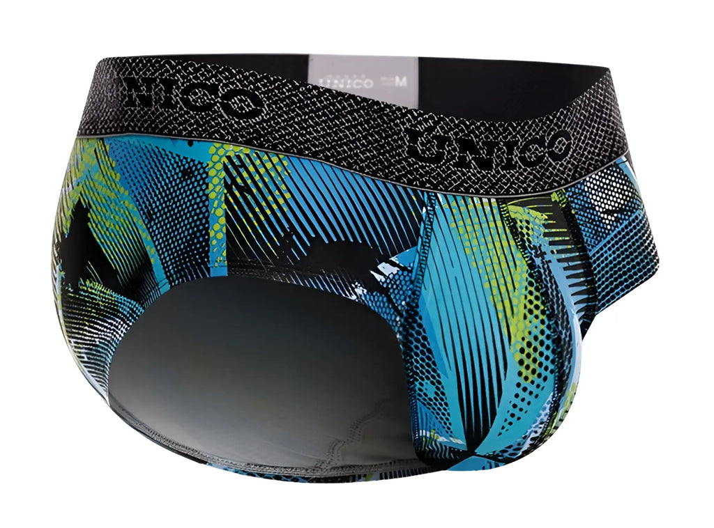 Unico 24080101117 trino briefs in blue and green patterned fabric with black waistband and brand logo for men