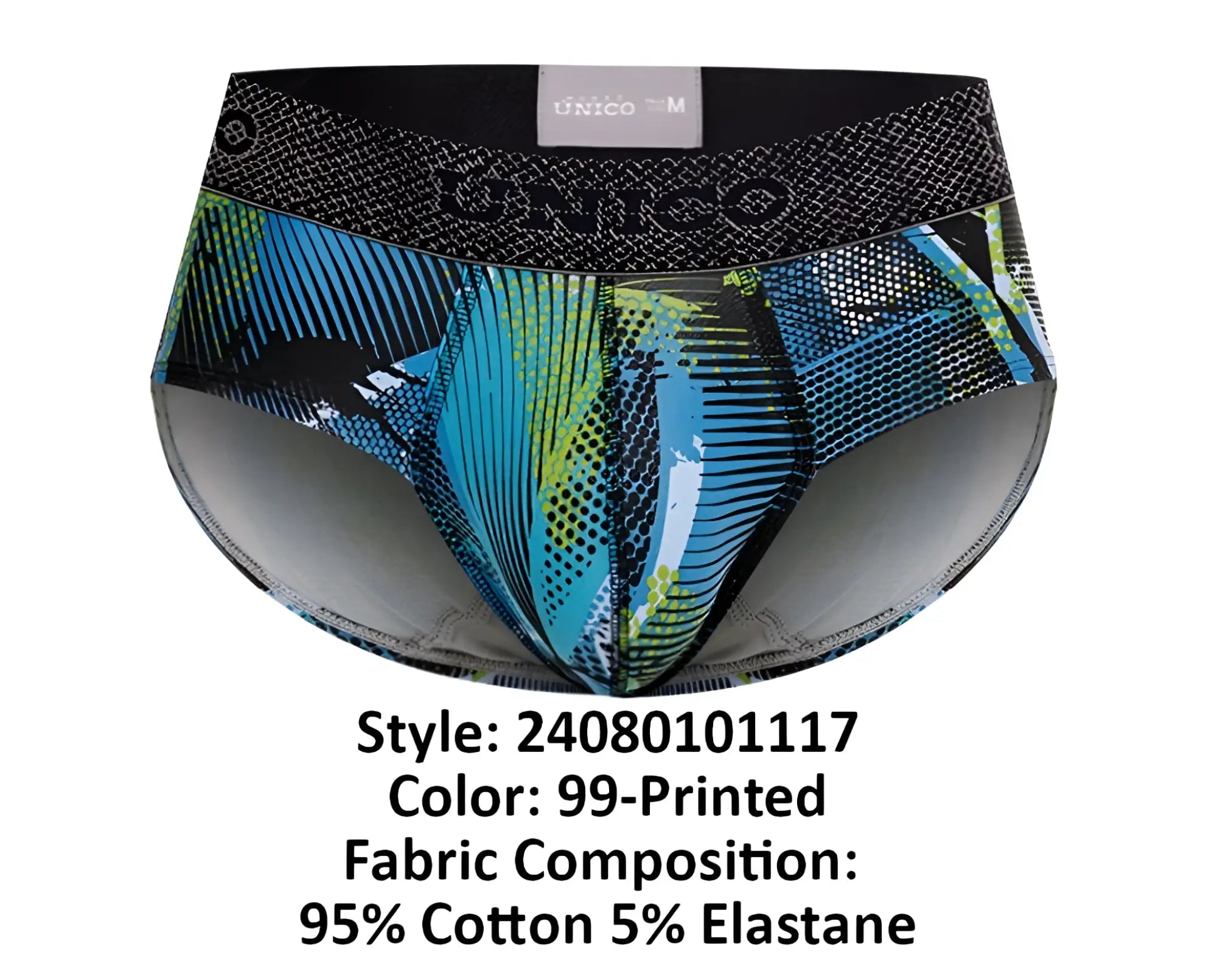 Unico 24080101117 trino briefs in blue and green patterned fabric with black waistband and logo for men