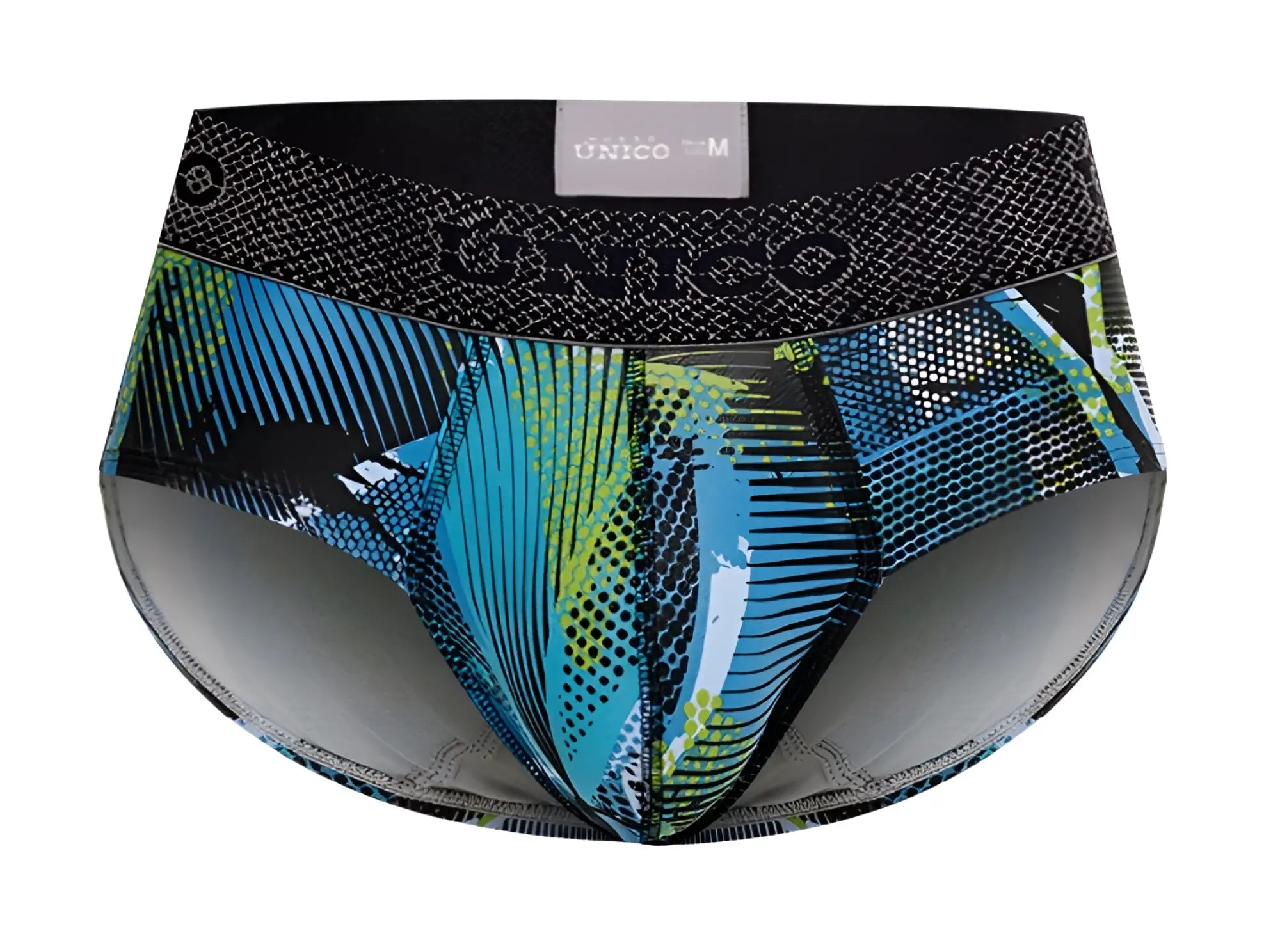 Unico 24080101117 trino briefs in blue and green patterned fabric with black waistband and unico logo for men
