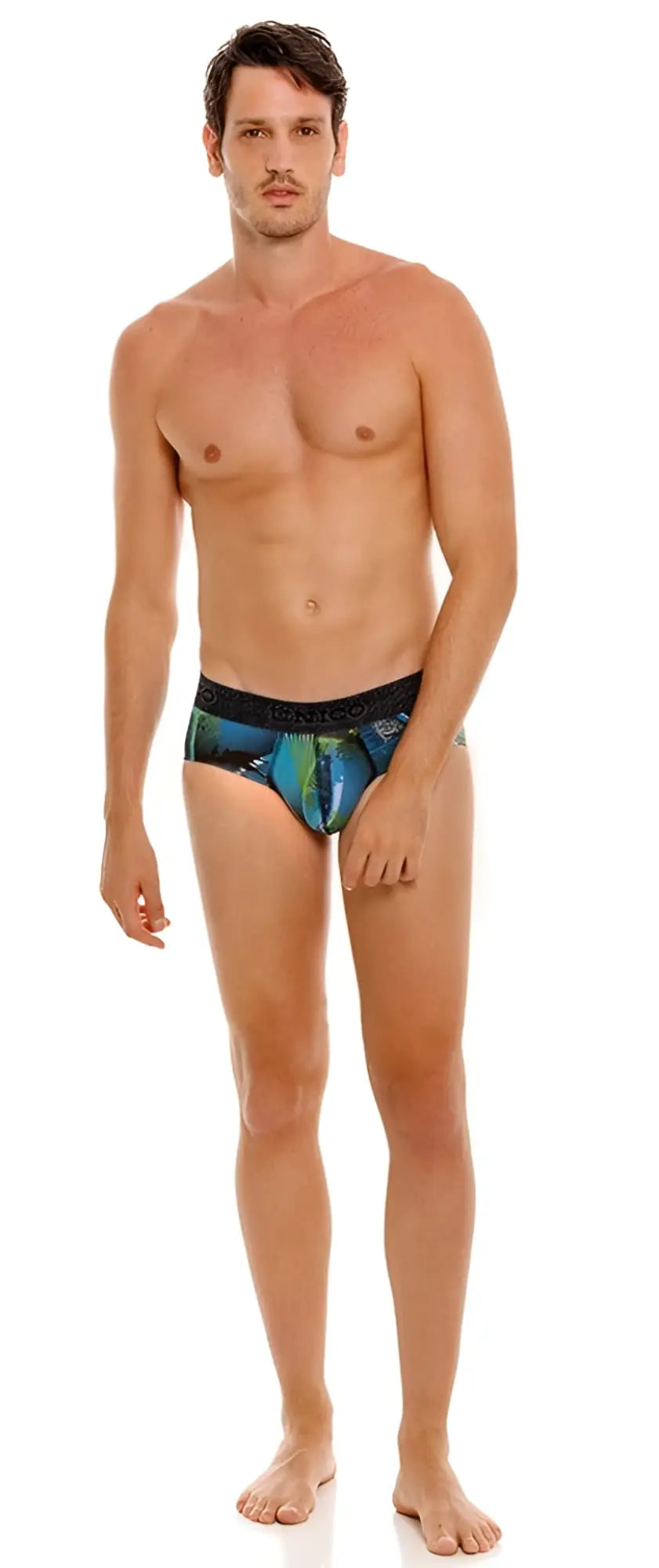 Unico trino briefs in blue and green pattern with black elastic waistband for men