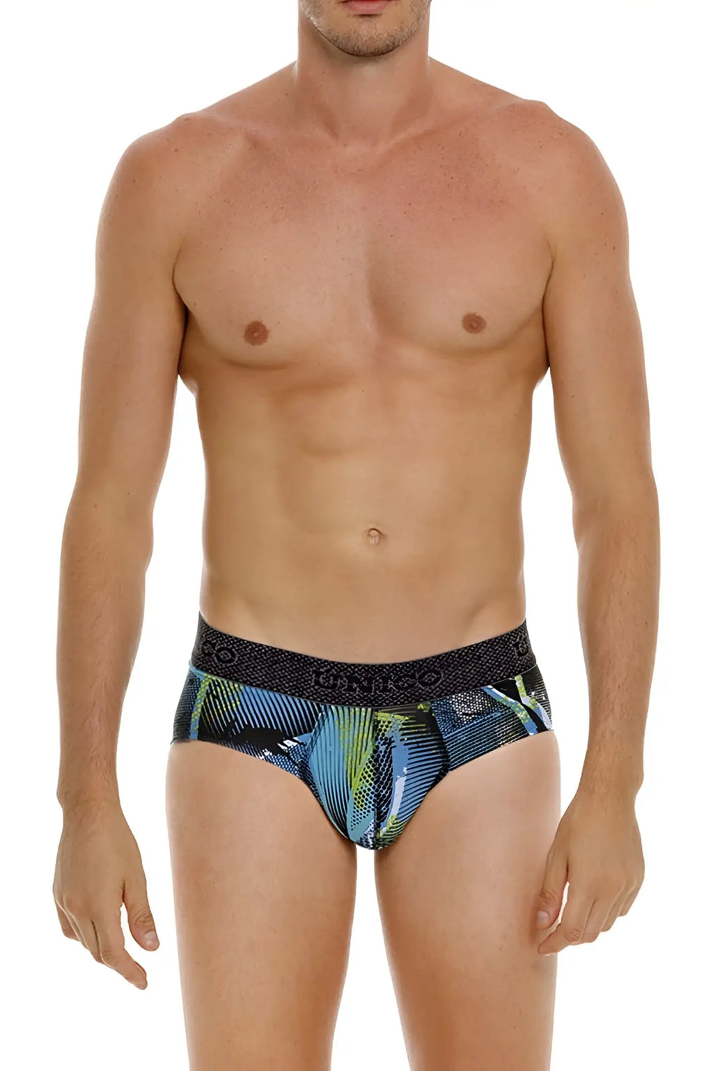 Men’s dkny unico trino briefs in blue and green pattern with black elastic waistband for comfortable fit