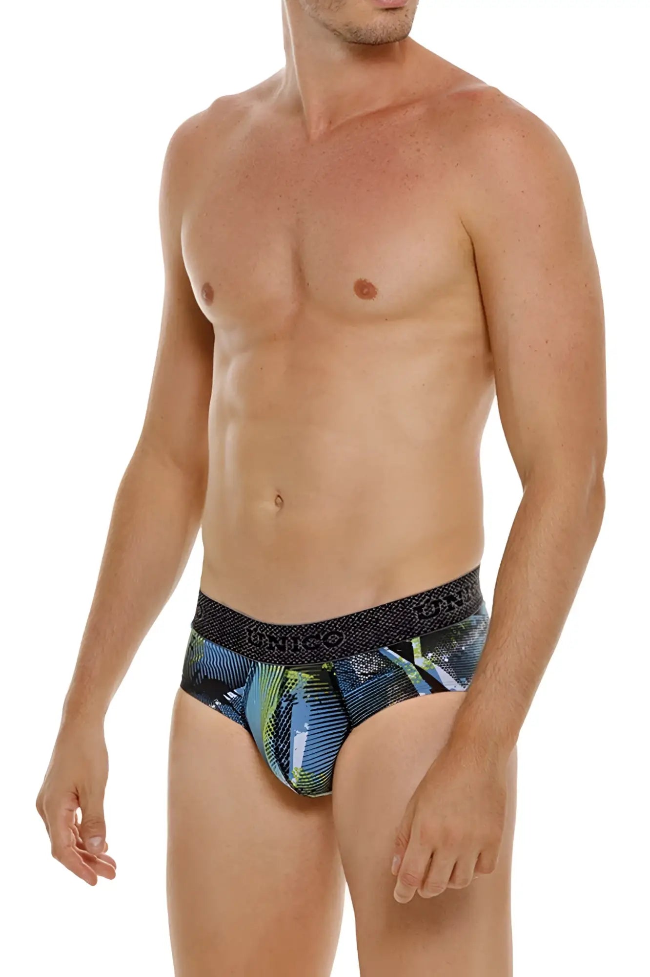 Men’s unico 24080101117 trino briefs in blue and green patterns with black ignicio waistband printed design