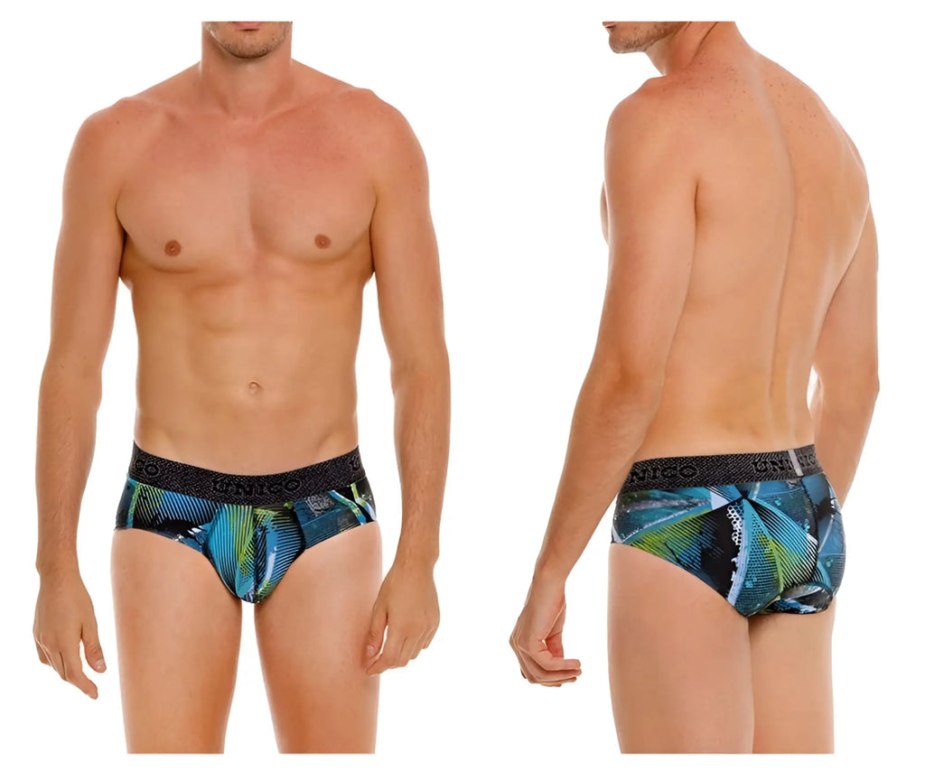 Men’s unico trino briefs in blue and green tropical leaf print with black elastic waistband and comfortable fit