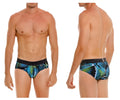 Men’s unico trino briefs in blue and green tropical leaf print with black elastic waistband and comfortable fit