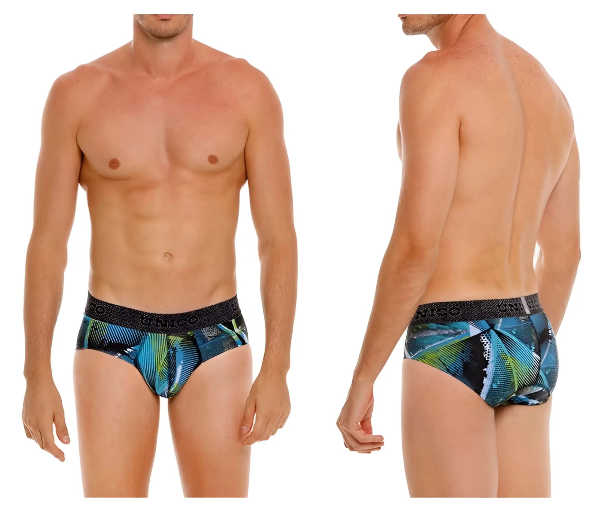 Men’s unico trino briefs in blue and green tropical leaf print with black elastic waistband and comfortable fit