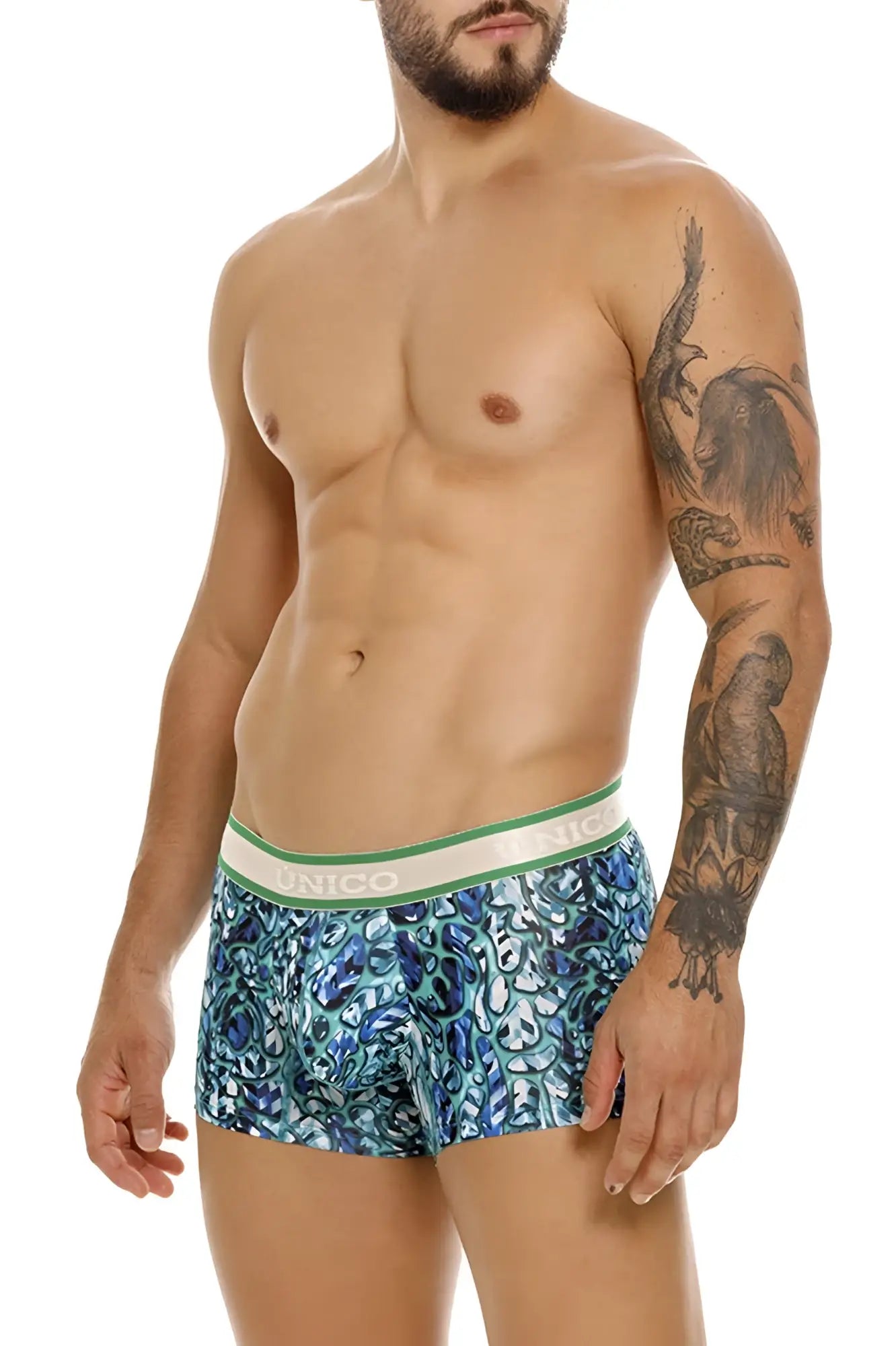 Unico 24100100101 Titanico trunks boxer briefs with blue and green pattern and white elastic waistband