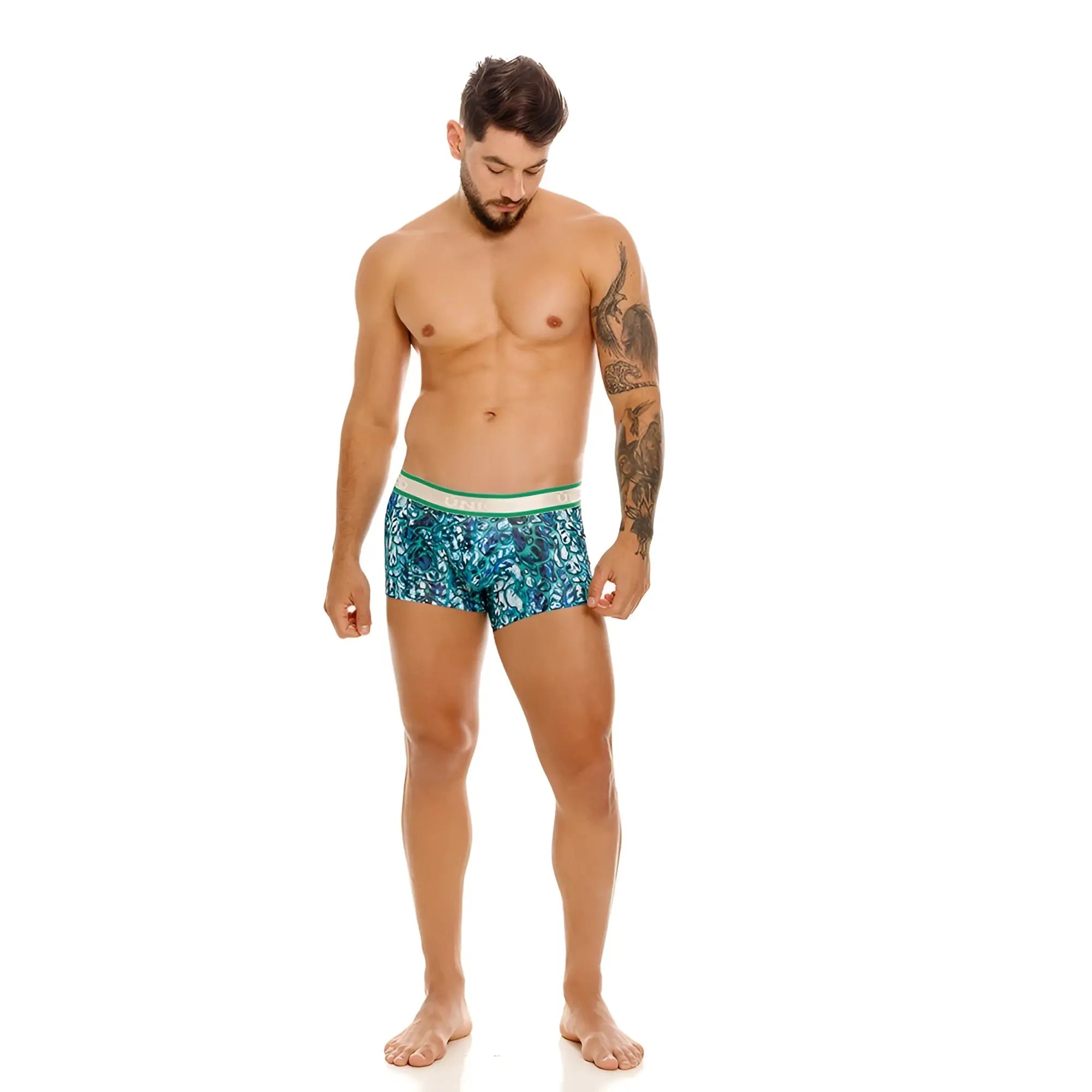 Men’s unico 24100100101 titanico trunks in teal and green patterned fabric with a white waistband