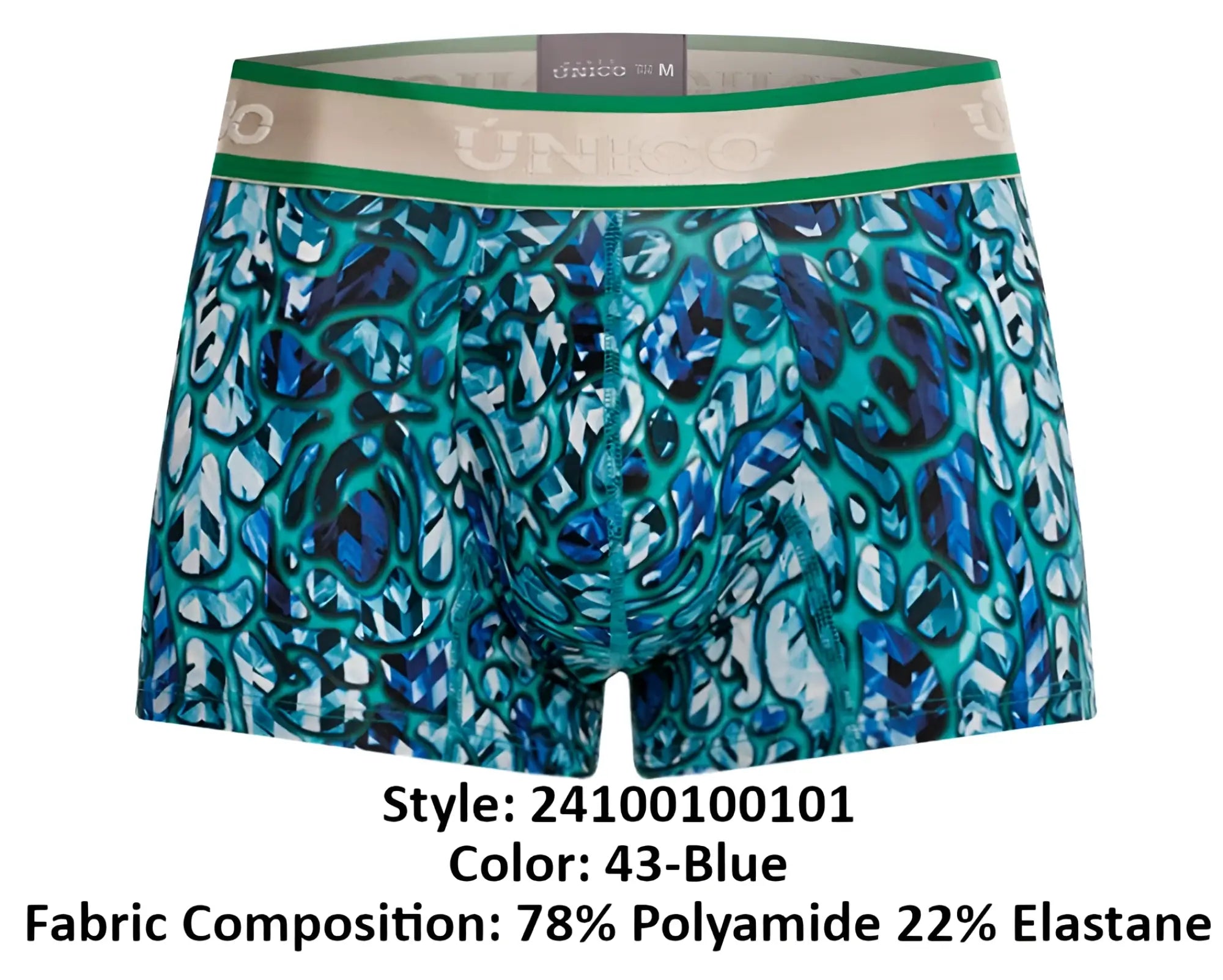 Unico 24100100101 Titanico trunks blue boxer briefs with teal and navy abstract leaf pattern and green beige waistband