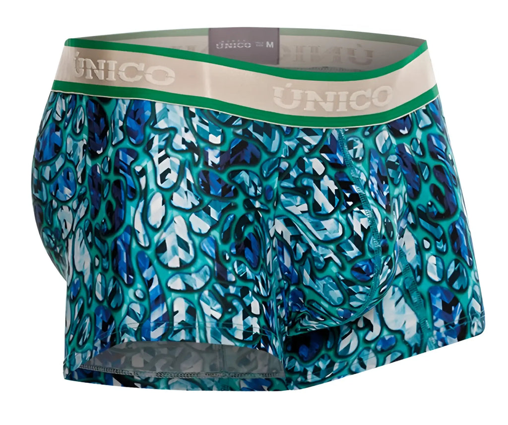 Teal and blue abstract patterned unico mens boxer briefs with green and beige waistband from titanico trunks color 43 blue