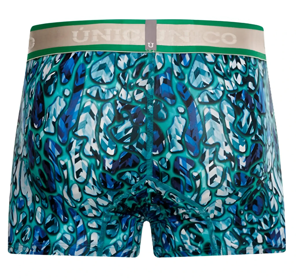 Unico 24100100101 Titanico trunks teal and blue abstract patterned boxer briefs with green waistband and unico branding