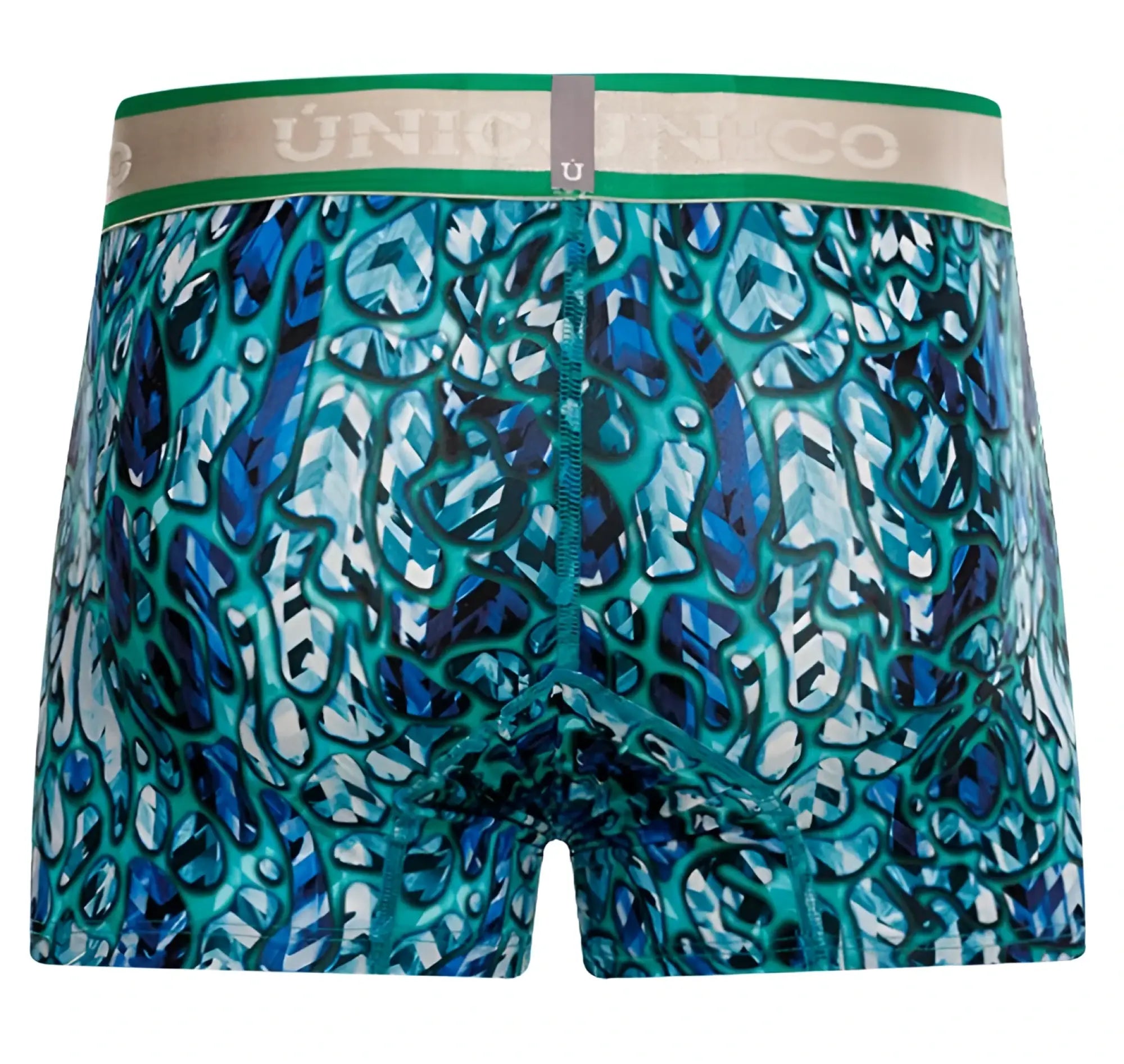 Unico 24100100101 Titanico trunks teal and blue abstract patterned boxer briefs with green waistband and unico branding