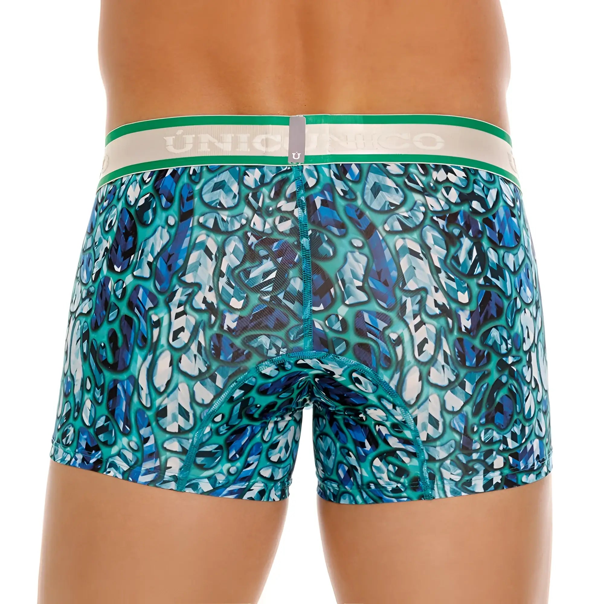 Teal and blue abstract patterned unico 24100100101 titanico trunks with green and white waistband in color 43-blue