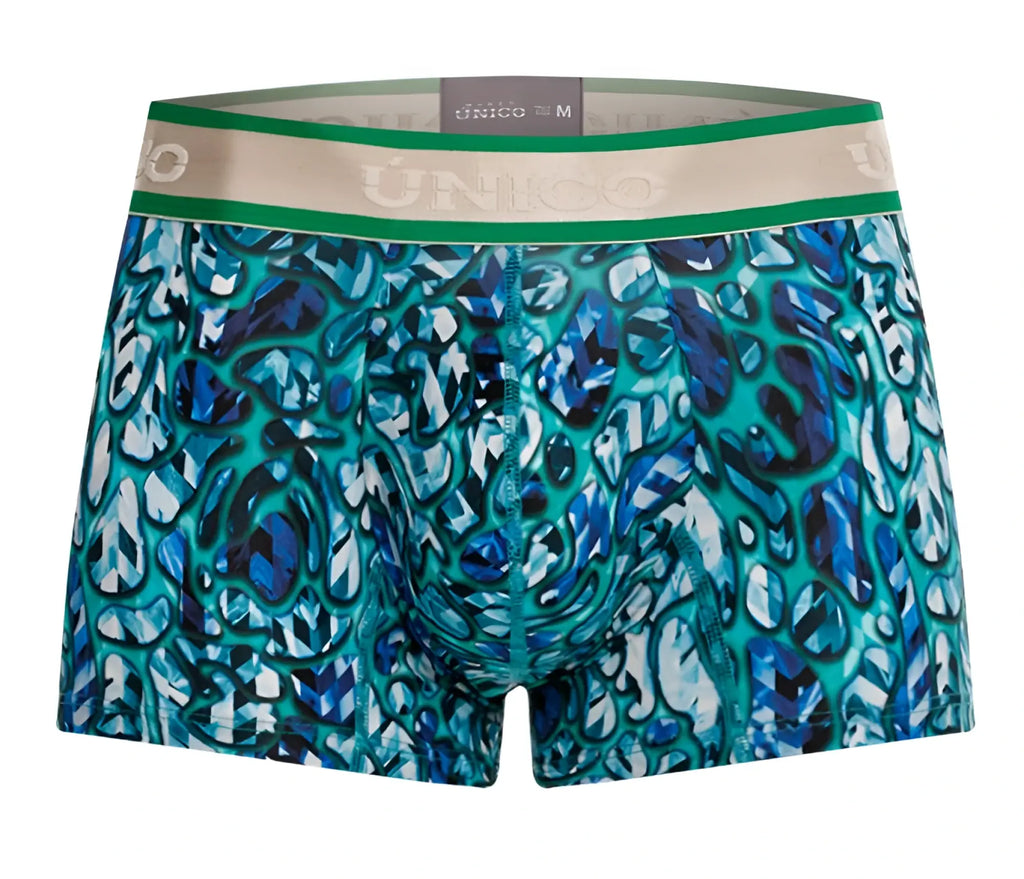 Teal and blue abstract patterned men’s Unico 24100100101 Titanico trunks with green beige elastic waistband color 43-blue