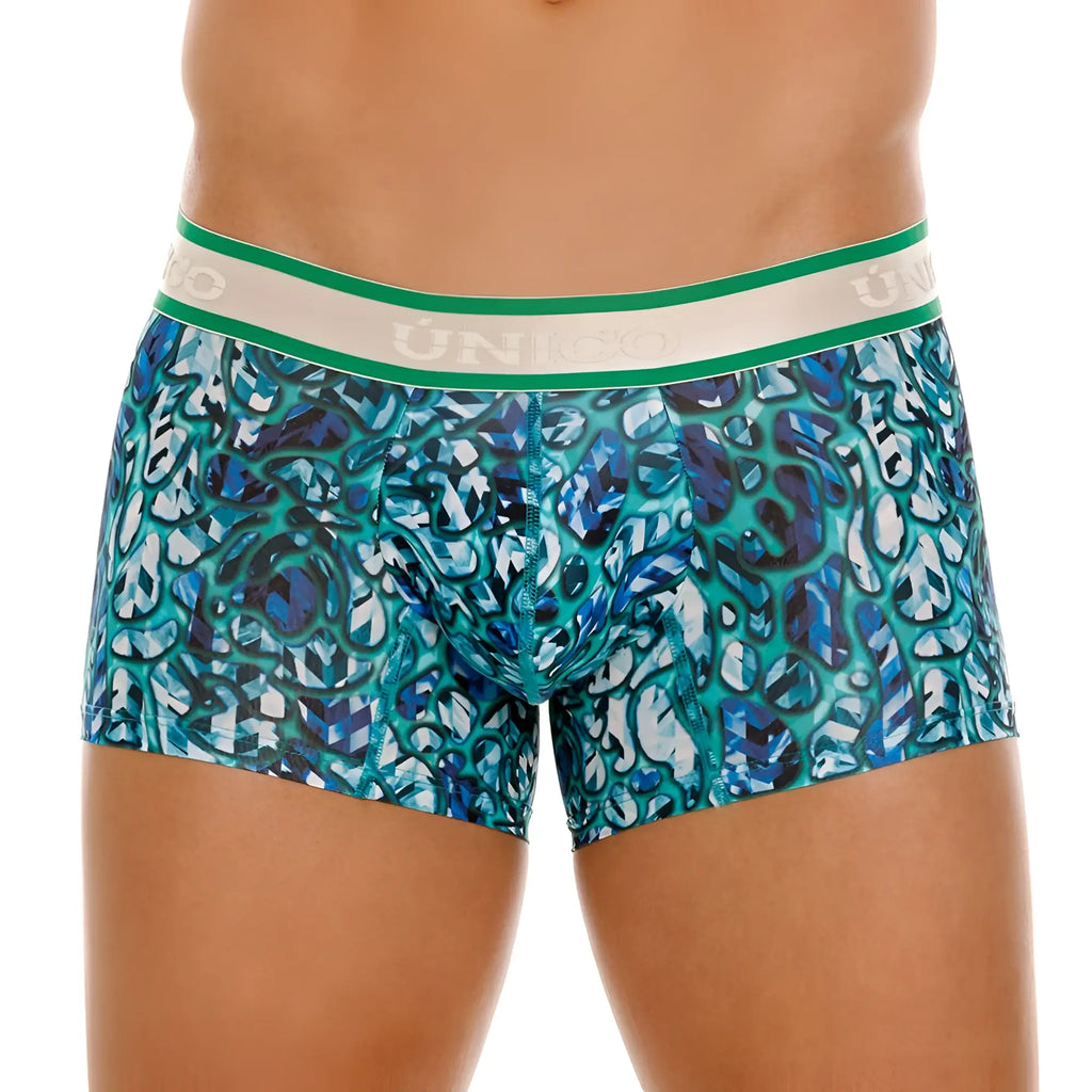 Unico 24100100101 Titanico trunks in teal and blue geometric pattern with green and white elastic waistband
