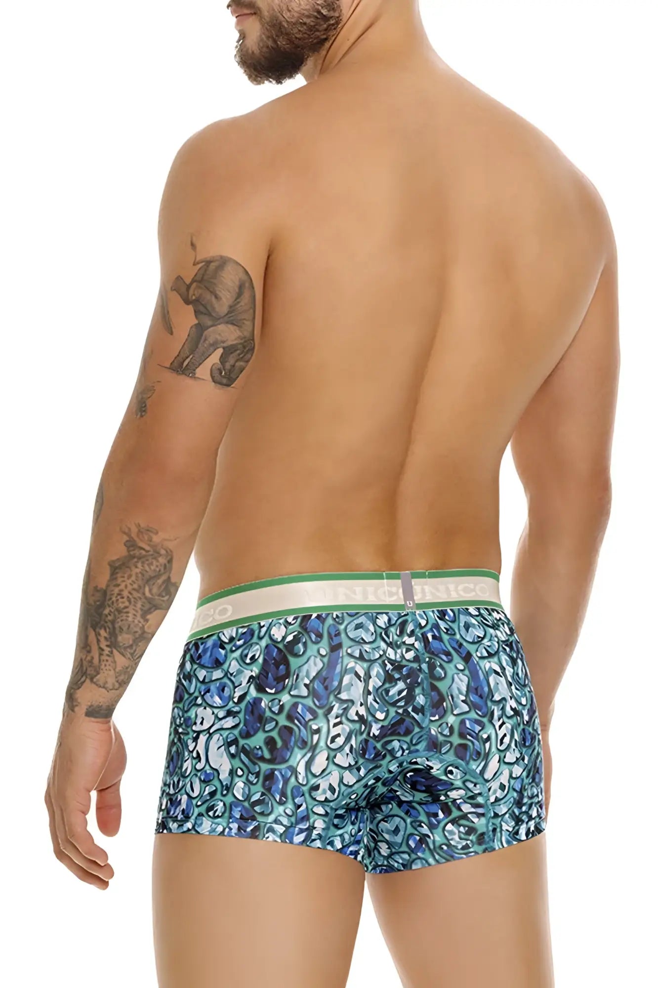 Unico 24100100101 titanico trunks in blue patterned boxer briefs with green and white waistband visible from front