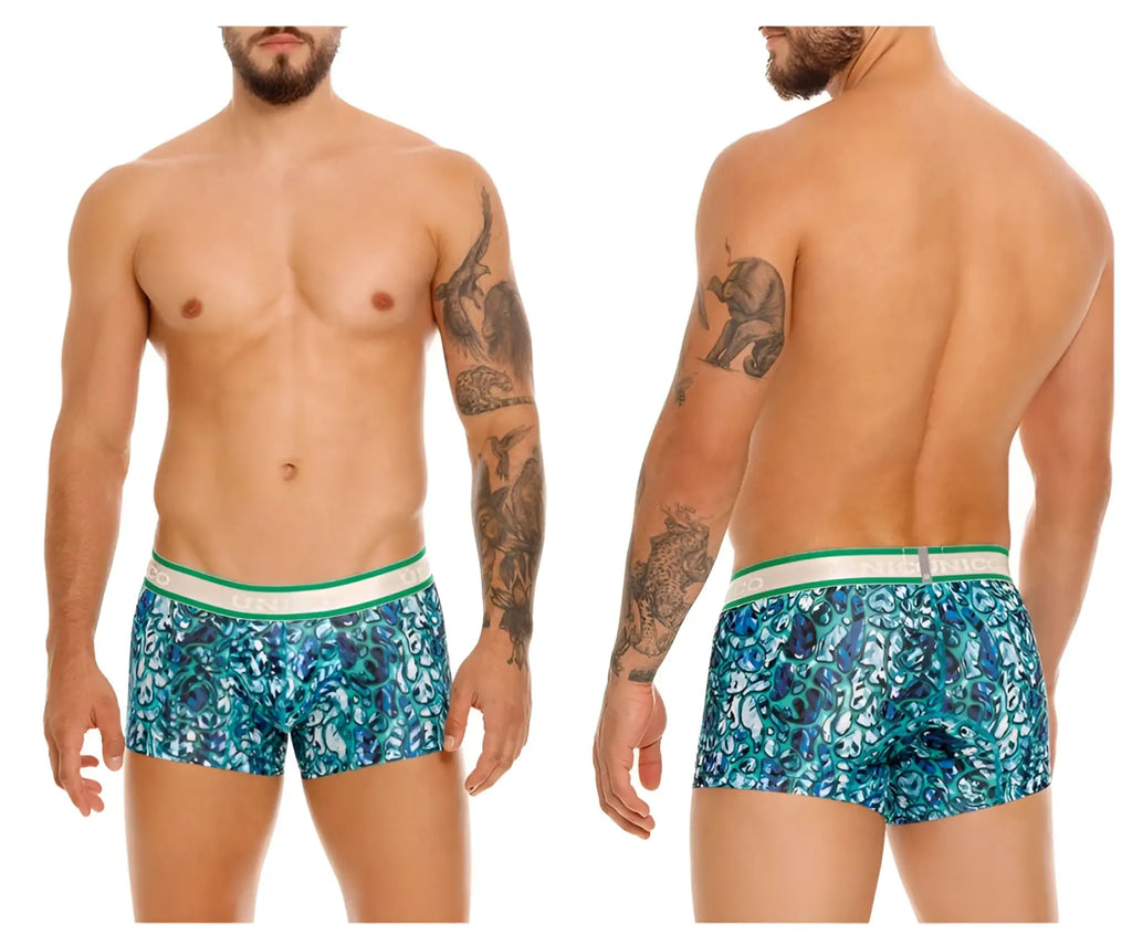 Unico 24100100101 titanico trunks blue boxer briefs with teal pattern and white elastic waistband featuring brand name
