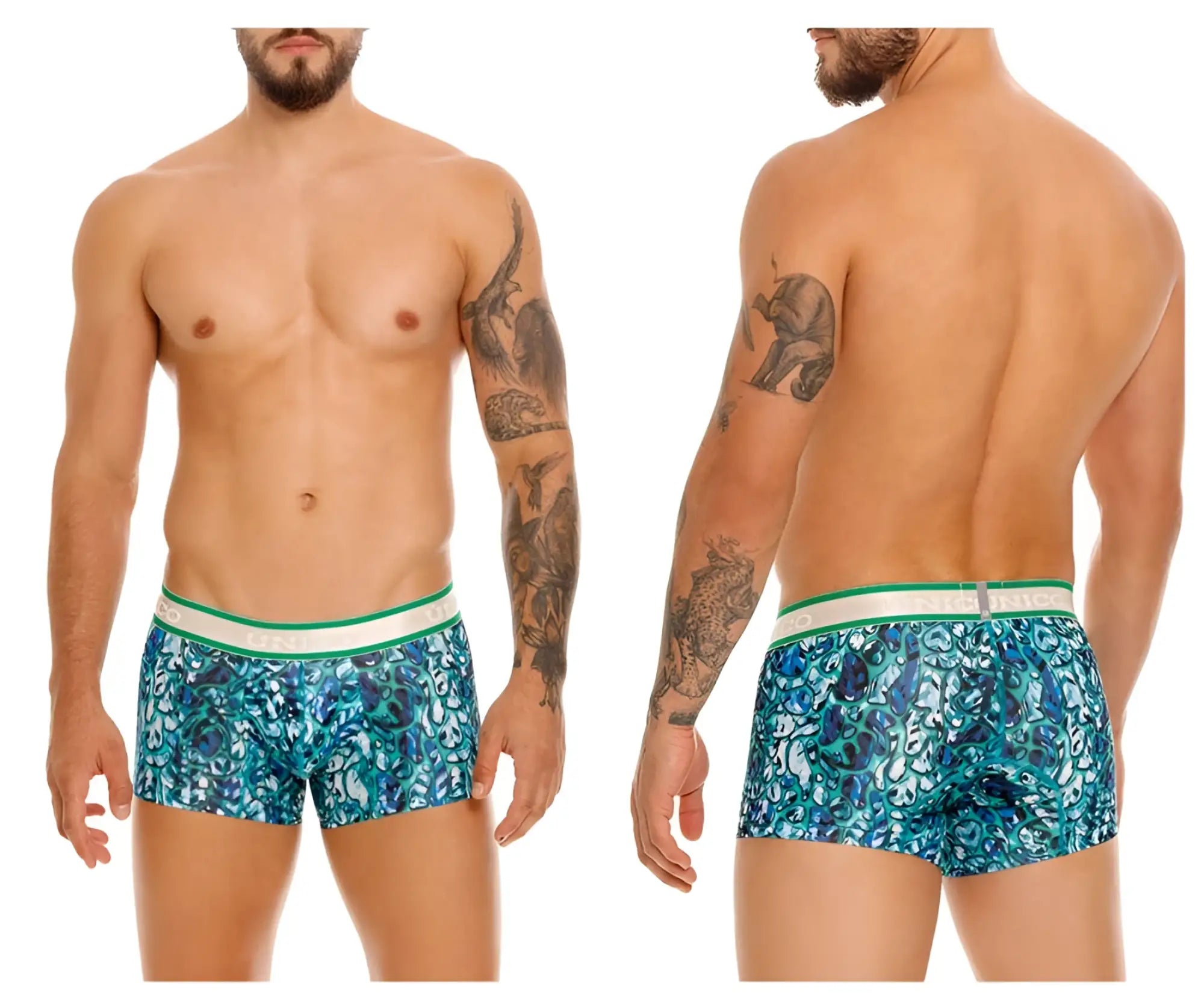 Unico 24100100101 titanico trunks blue boxer briefs with teal pattern and white elastic waistband featuring brand name