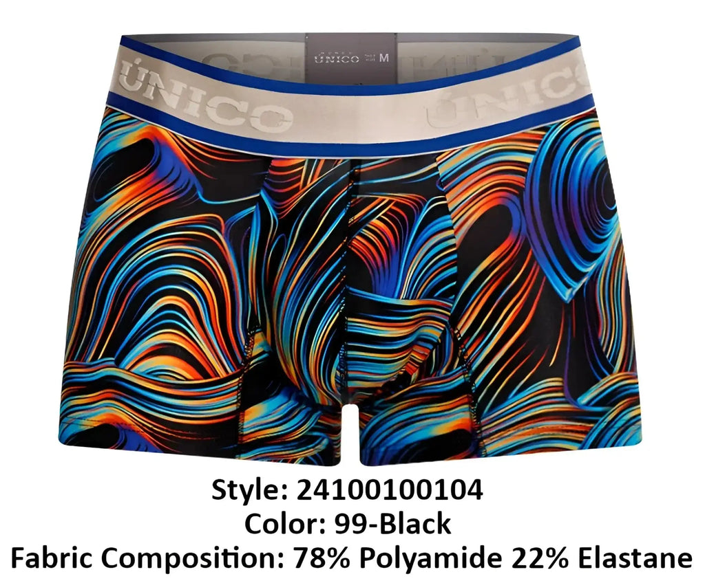 Vibrant abstract patterned unico 24100100104 calamo trunks in black with blue orange and red streaks
