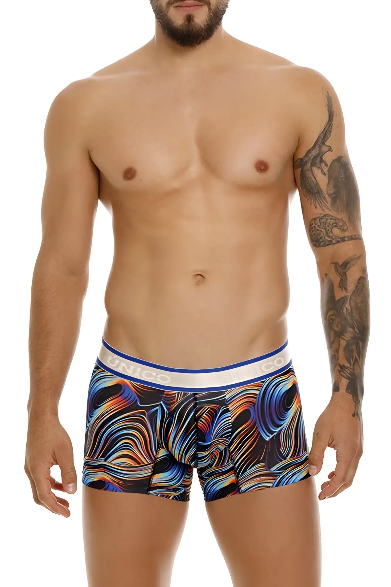 Men’s unico 24100100104 calamo trunks with vibrant blue orange purple abstract pattern and white elastic waistband