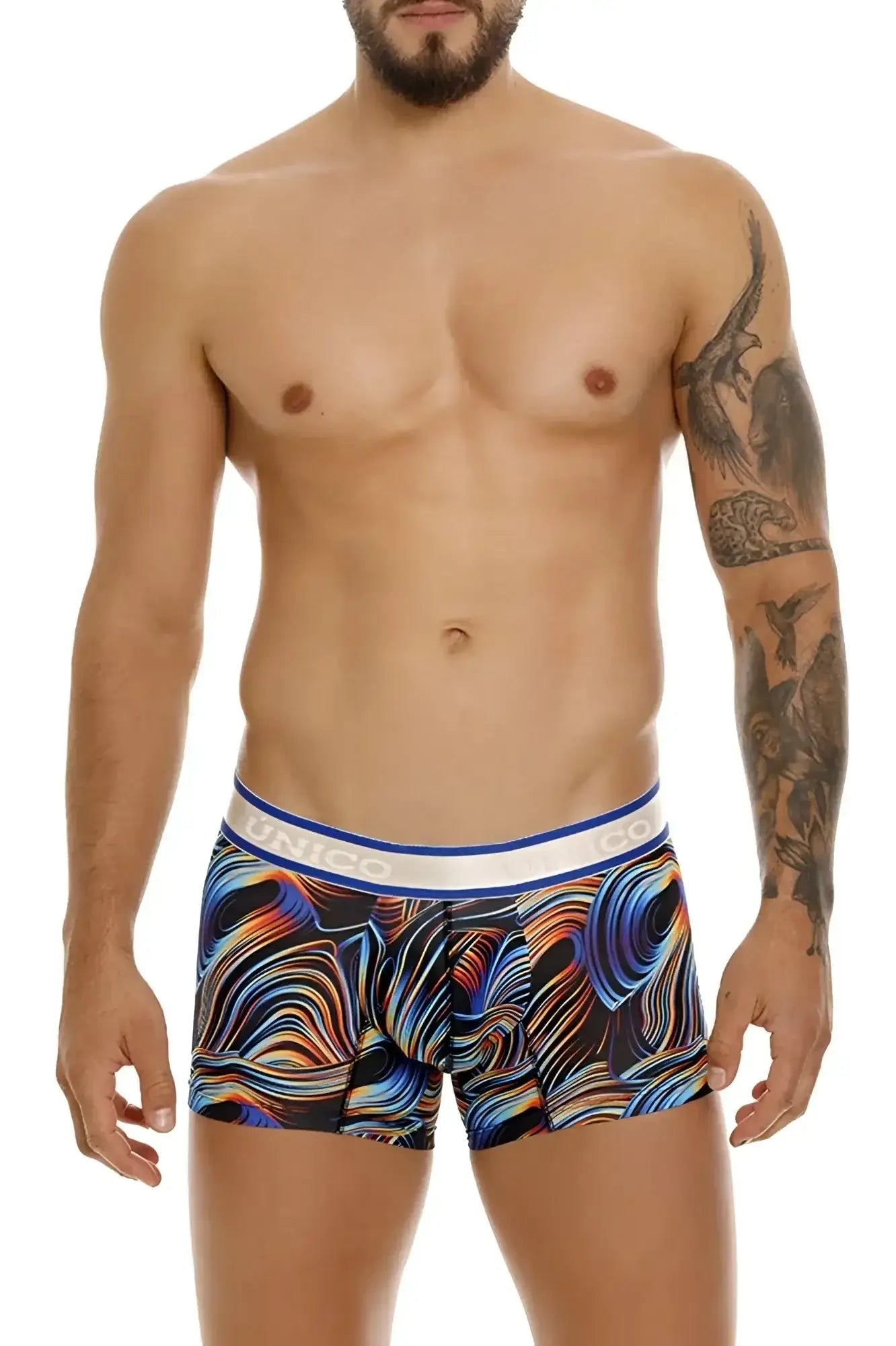 Men’s unico 24100100104 calamo trunks with vibrant blue orange purple abstract pattern and white elastic waistband