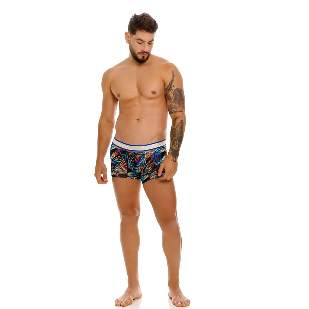 Men’s unico 24100100104 calamo trunks boxer briefs with vibrant abstract wave pattern in blues oranges and purples and white waistband