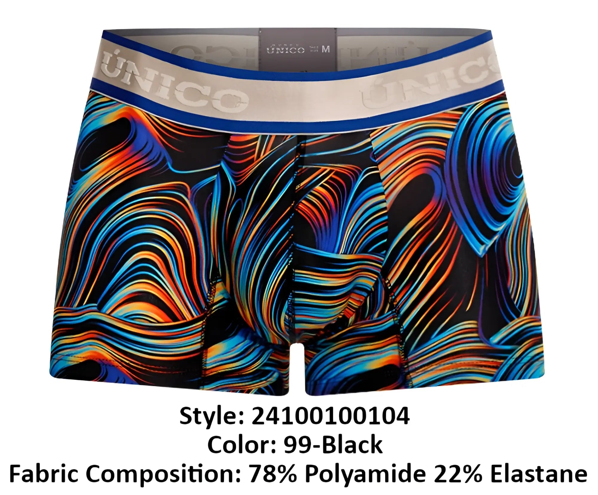 Vibrant abstract patterned unico 24100100104 calamo trunks in black with blue orange and red streaks on stretchy fabric waistband