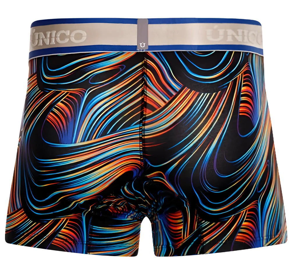 Unico 24100100104 Calamo trunks in vibrant blue orange and red swirl patterned men’s boxer briefs on black background