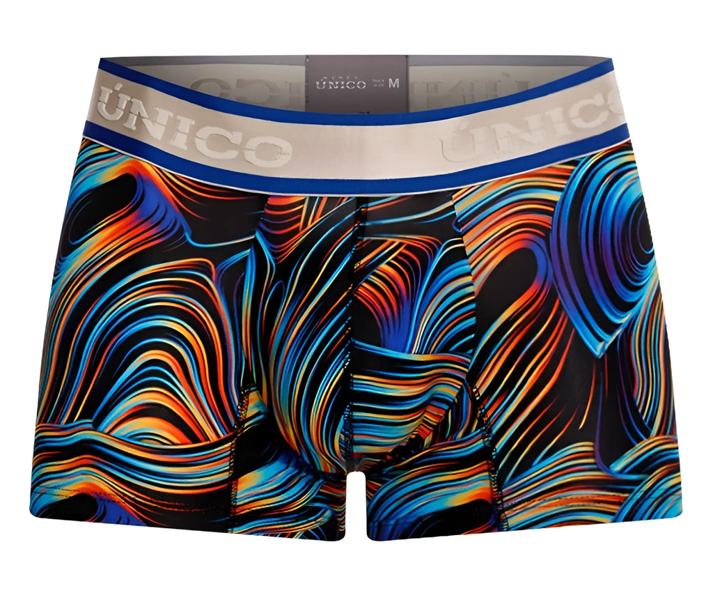 Unico 24100100104 calamo trunks vibrant abstract swirl-patterned men’s boxer briefs in blue orange and yellow on black