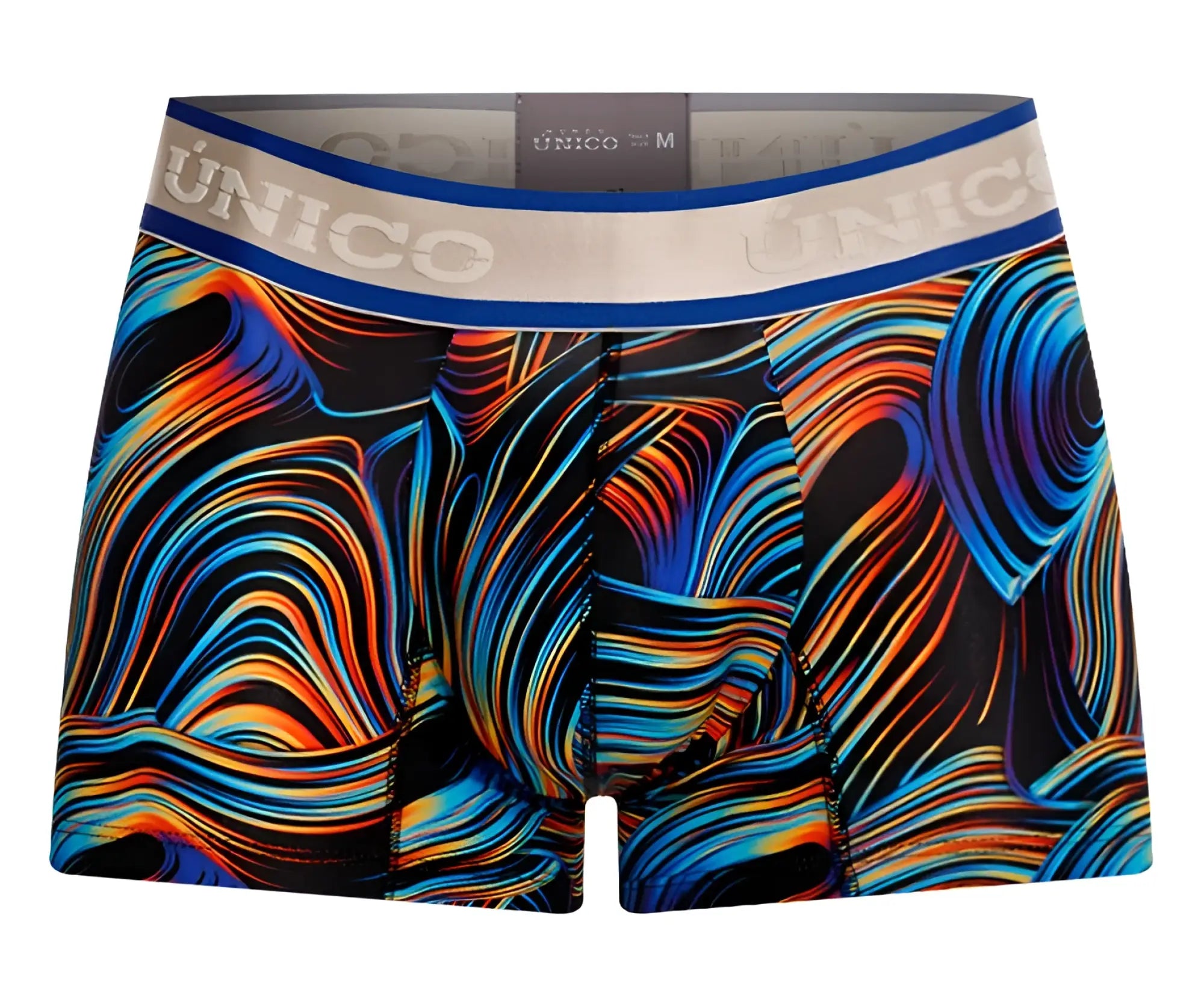 Unico 24100100104 calamo trunks vibrant abstract swirl-patterned men’s boxer briefs in blue orange and yellow on black