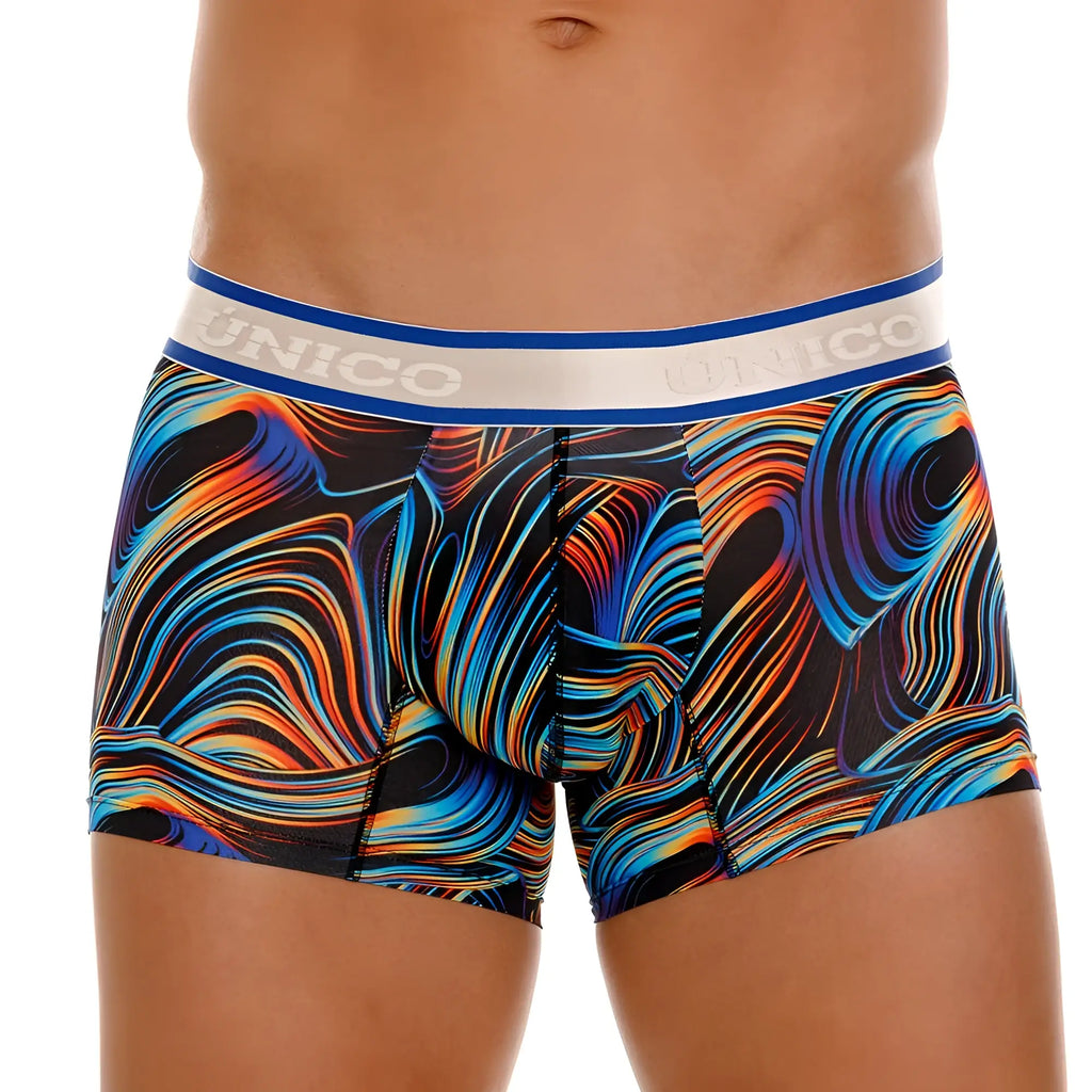 Unico 24100100104 Calamo trunks men’s boxer briefs with vibrant blue orange and yellow swirl patterns on black base
