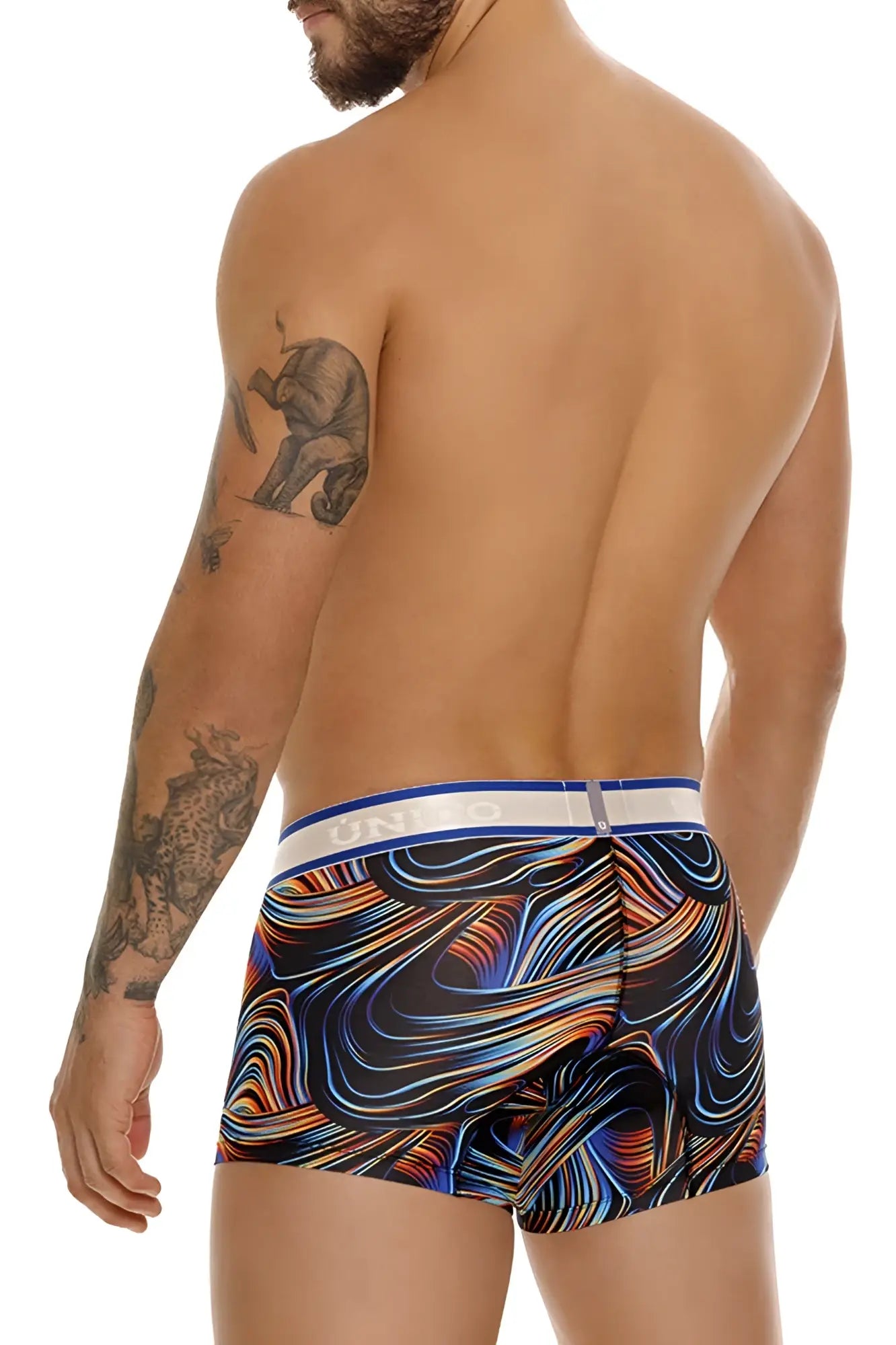 Unico 24100100104 calamo trunks vibrant swirl-patterned boxer briefs in bold blues oranges and reds with white waistband
