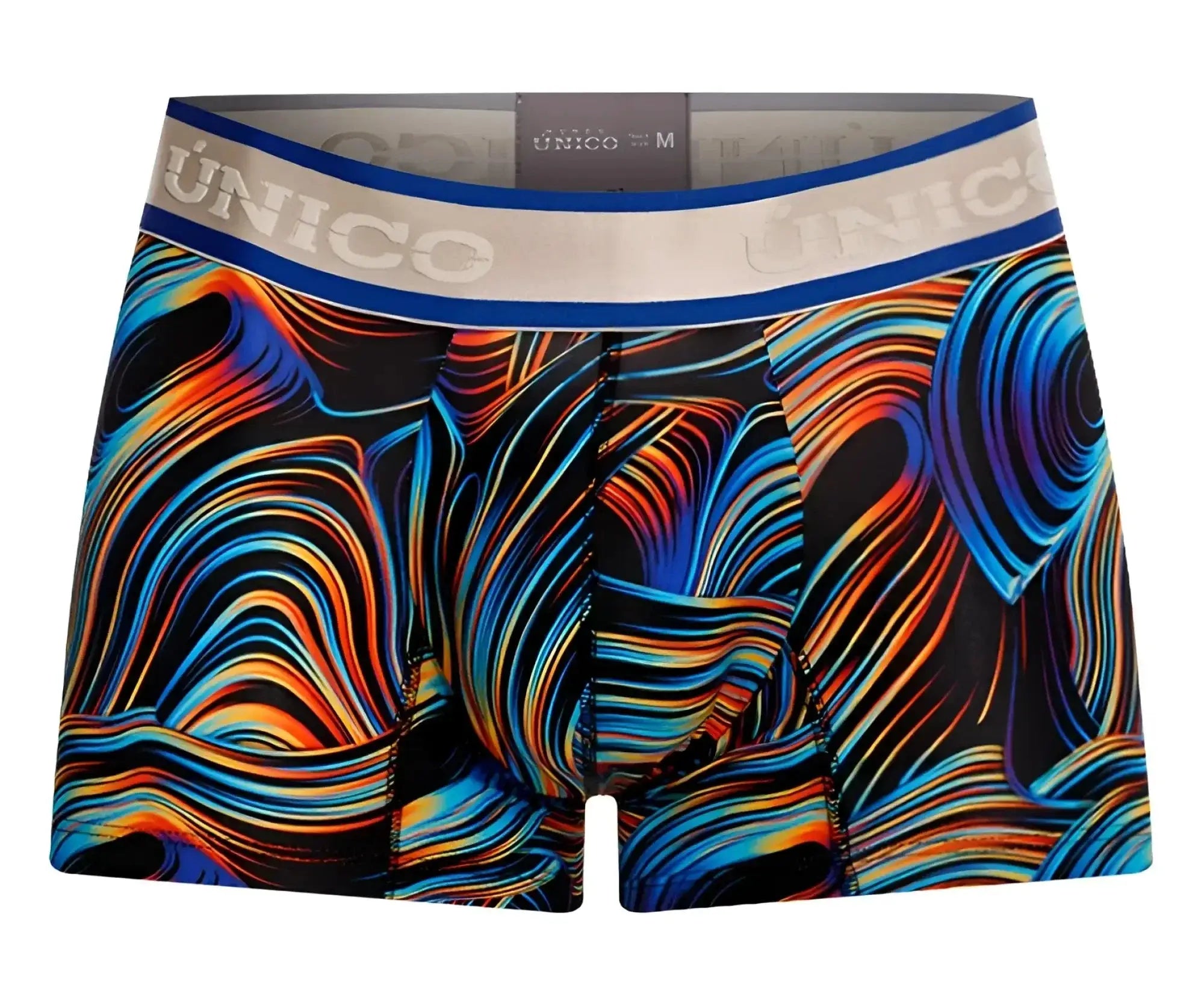 Unico 24100100104 calamo trunks vibrant abstract swirl-patterned men’s boxer briefs in blue orange and yellow on black