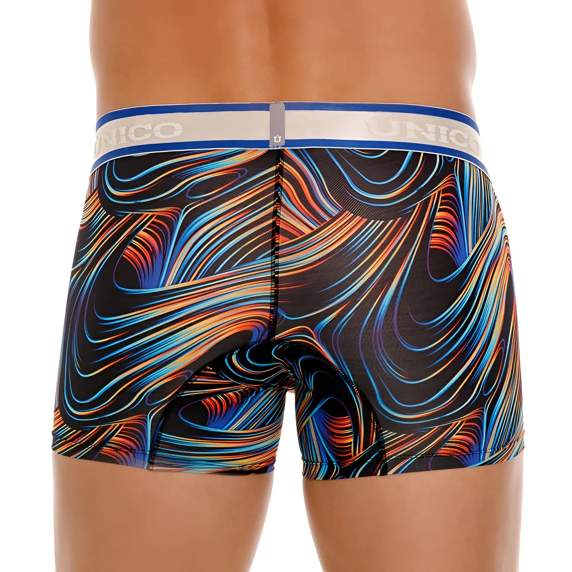 Unico 24100100104 calamo trunks color 99-black vibrant abstract swirl-patterned men’s boxer briefs with white and blue waistband