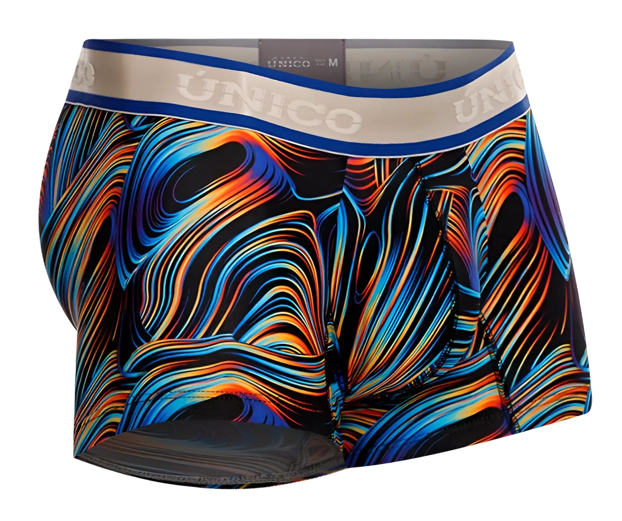 Vibrant abstract swirl-patterned unico 24100100104 calamo men’s boxer briefs in blue orange black with beige waistband