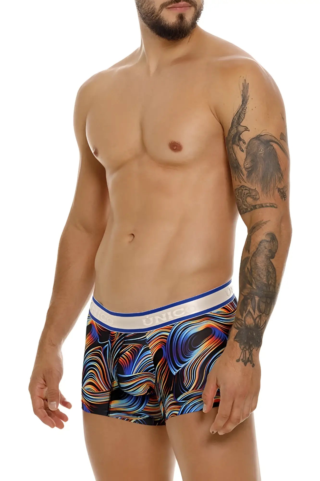 Unico 24100100104 Calamo trunks vibrant abstract wave-patterned men’s boxer briefs in bold blues oranges and purples