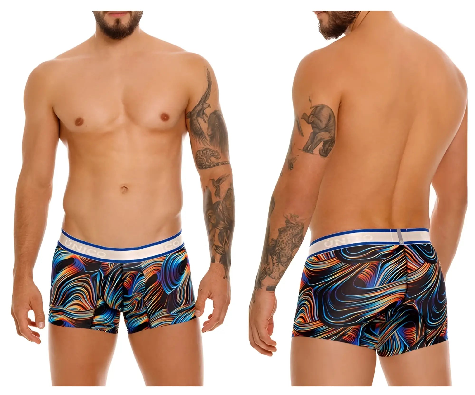 Unico 24100100104 calamo trunks in vibrant abstract wave-patterned blue orange and purple men’s boxer briefs with white waistband