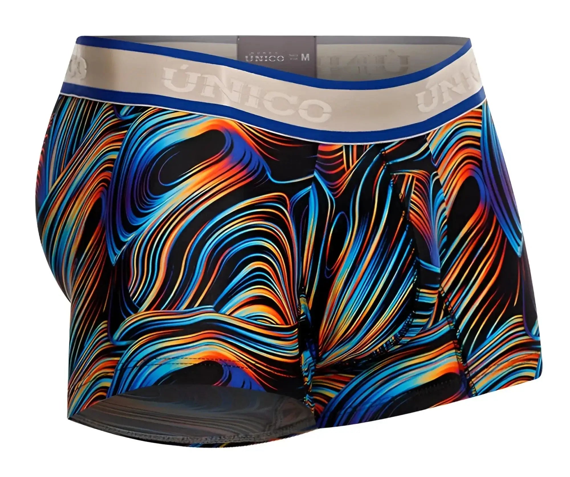 Vibrant abstract swirl-patterned unico 24100100104 calamo men’s boxer briefs in blue orange black with beige waistband