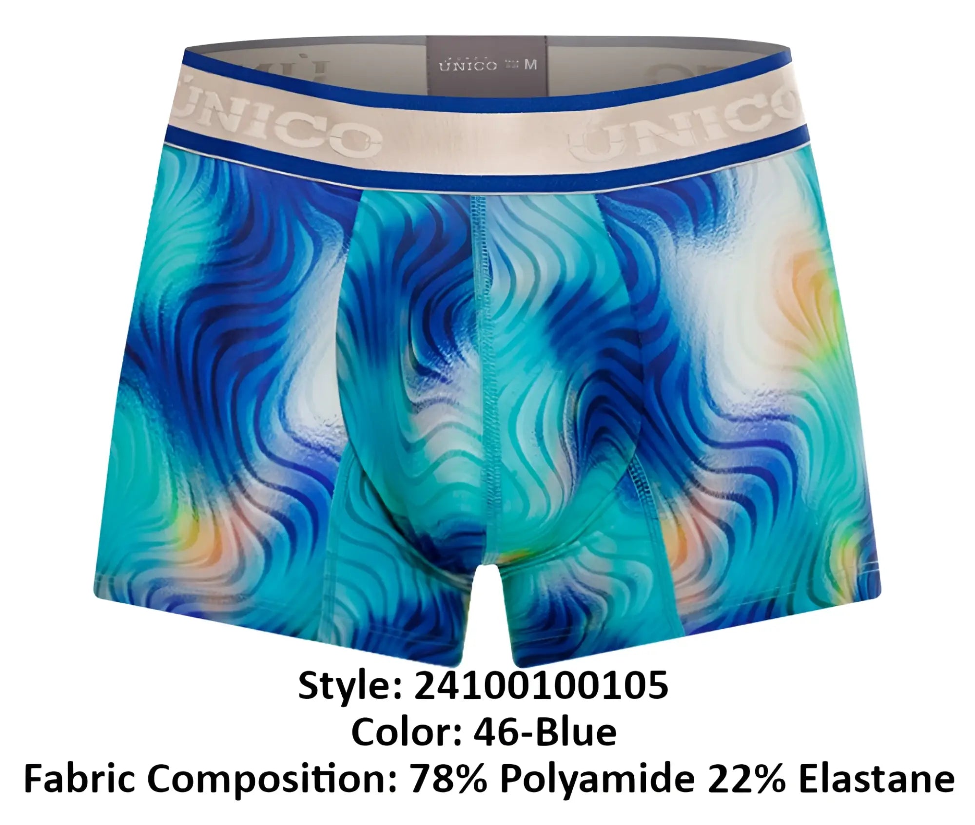 Unico 24100100105 Moscatel trunks in blue and teal abstract wave pattern with branded elastic waistband boxer briefs